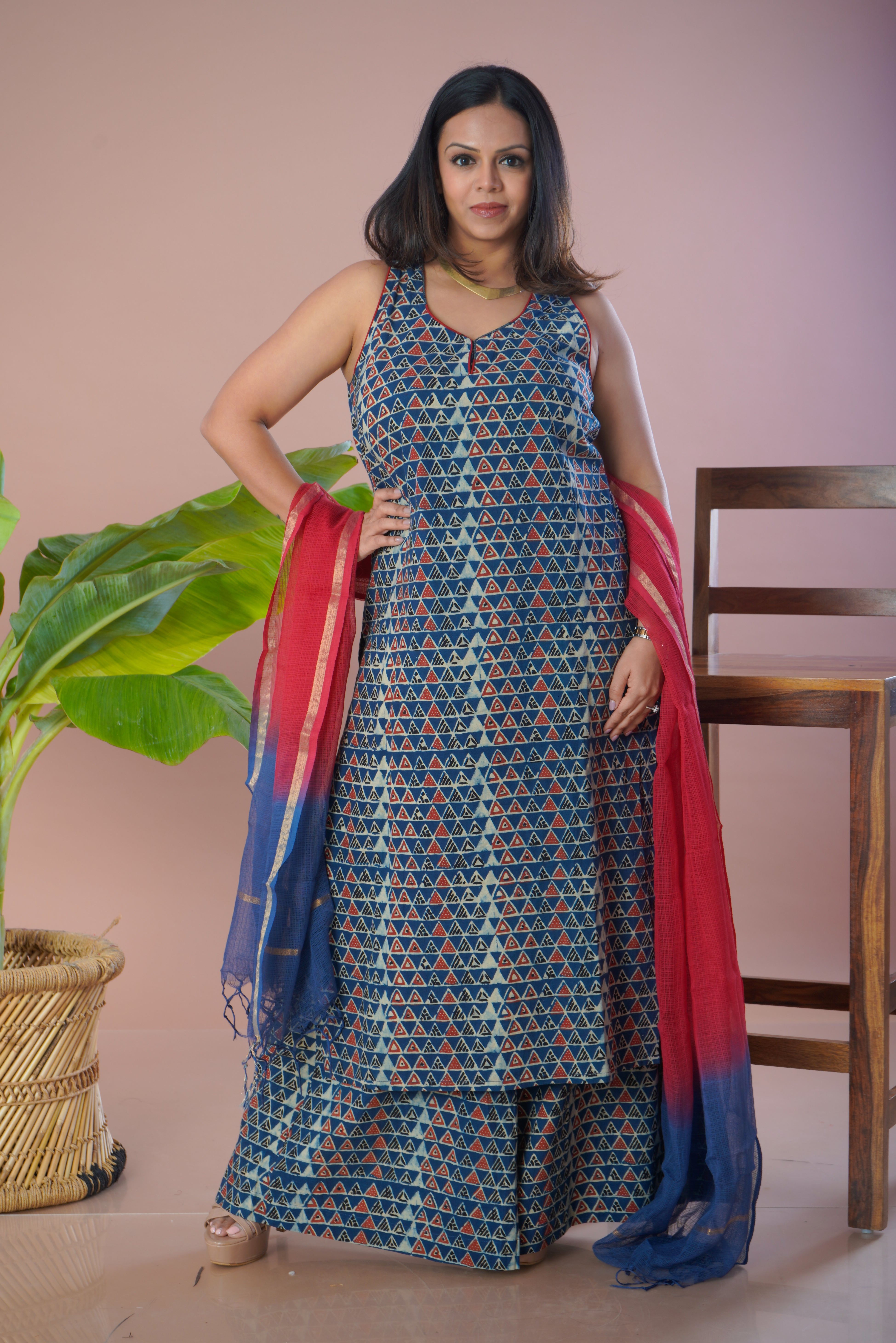 Blue Ajrakh Cotton Kurta Plazo Dupatta Set