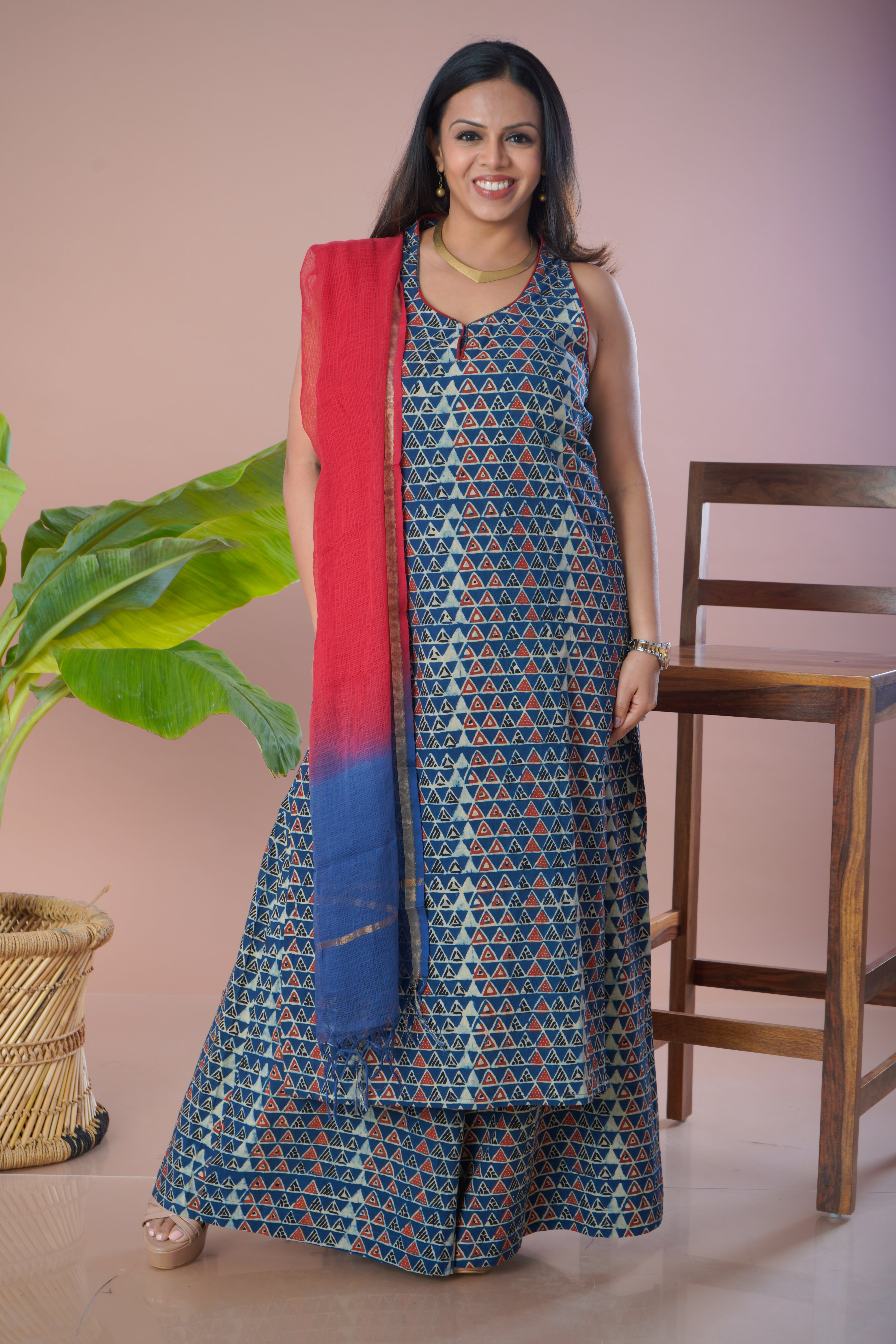 Blue Ajrakh Cotton Kurta Plazo Dupatta Set