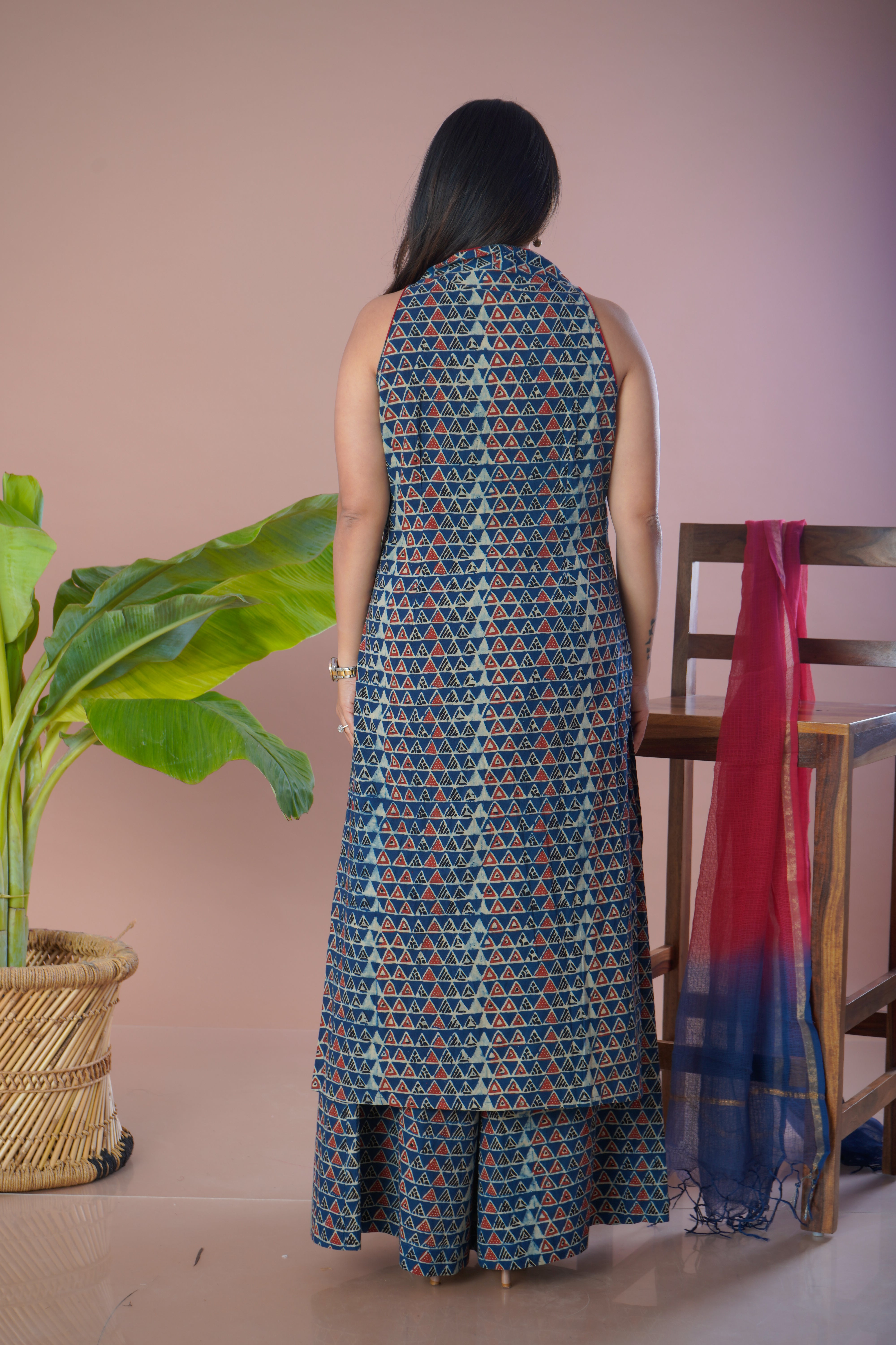 Blue Ajrakh Cotton Kurta Plazo Dupatta Set