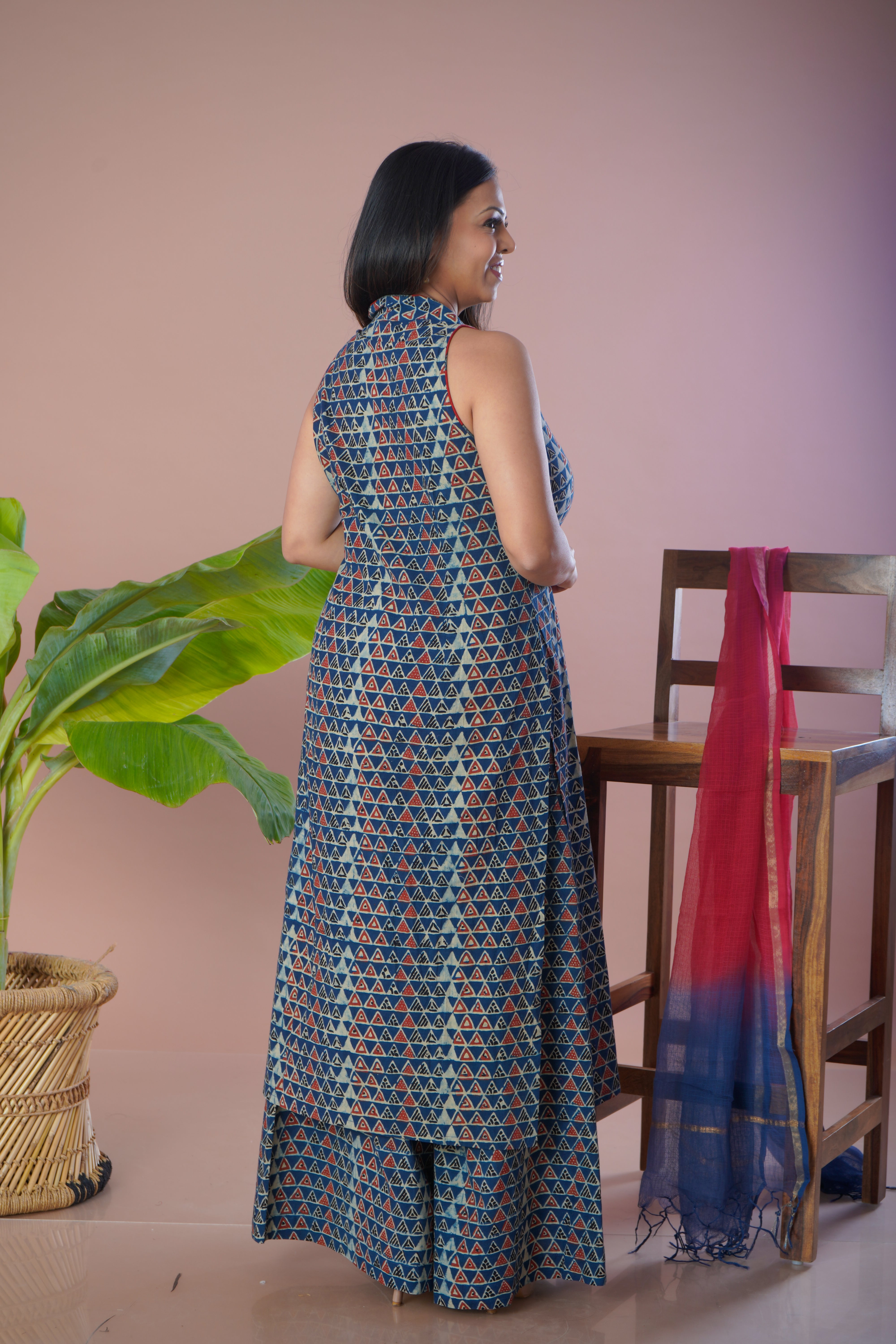 Blue Ajrakh Cotton Kurta Plazo Dupatta Set