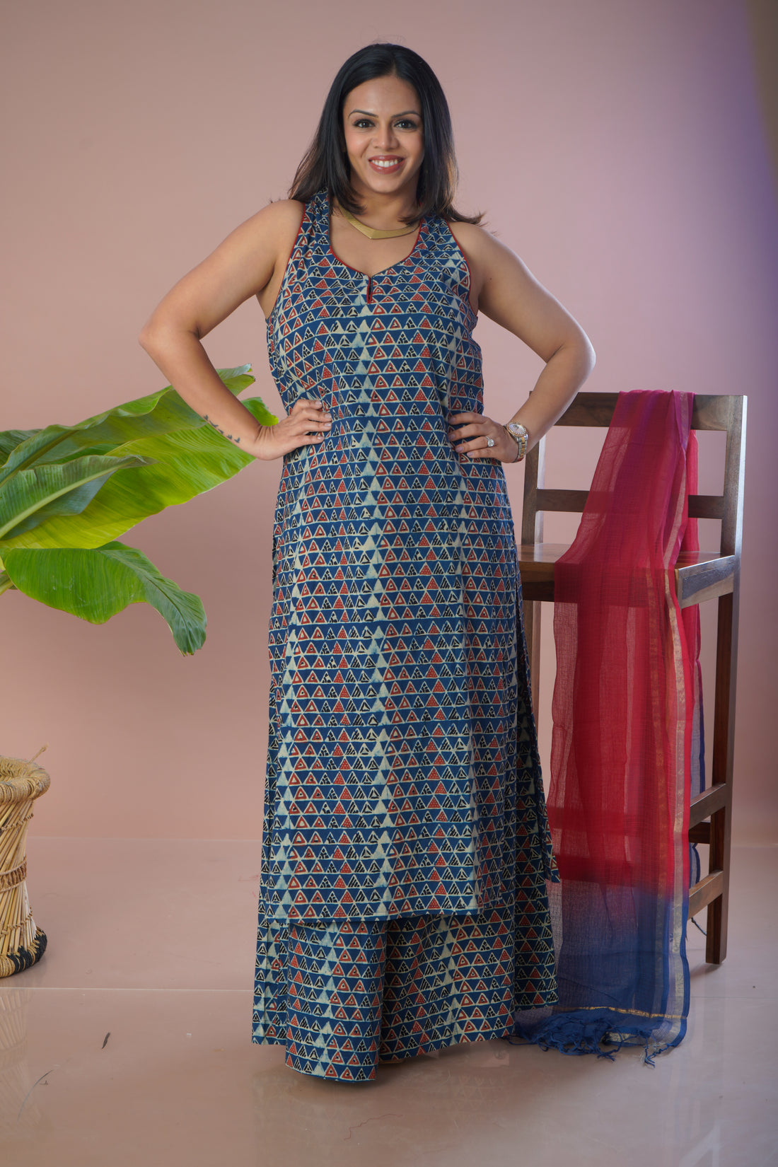 Blue Ajrakh Cotton Kurta Plazo Dupatta Set