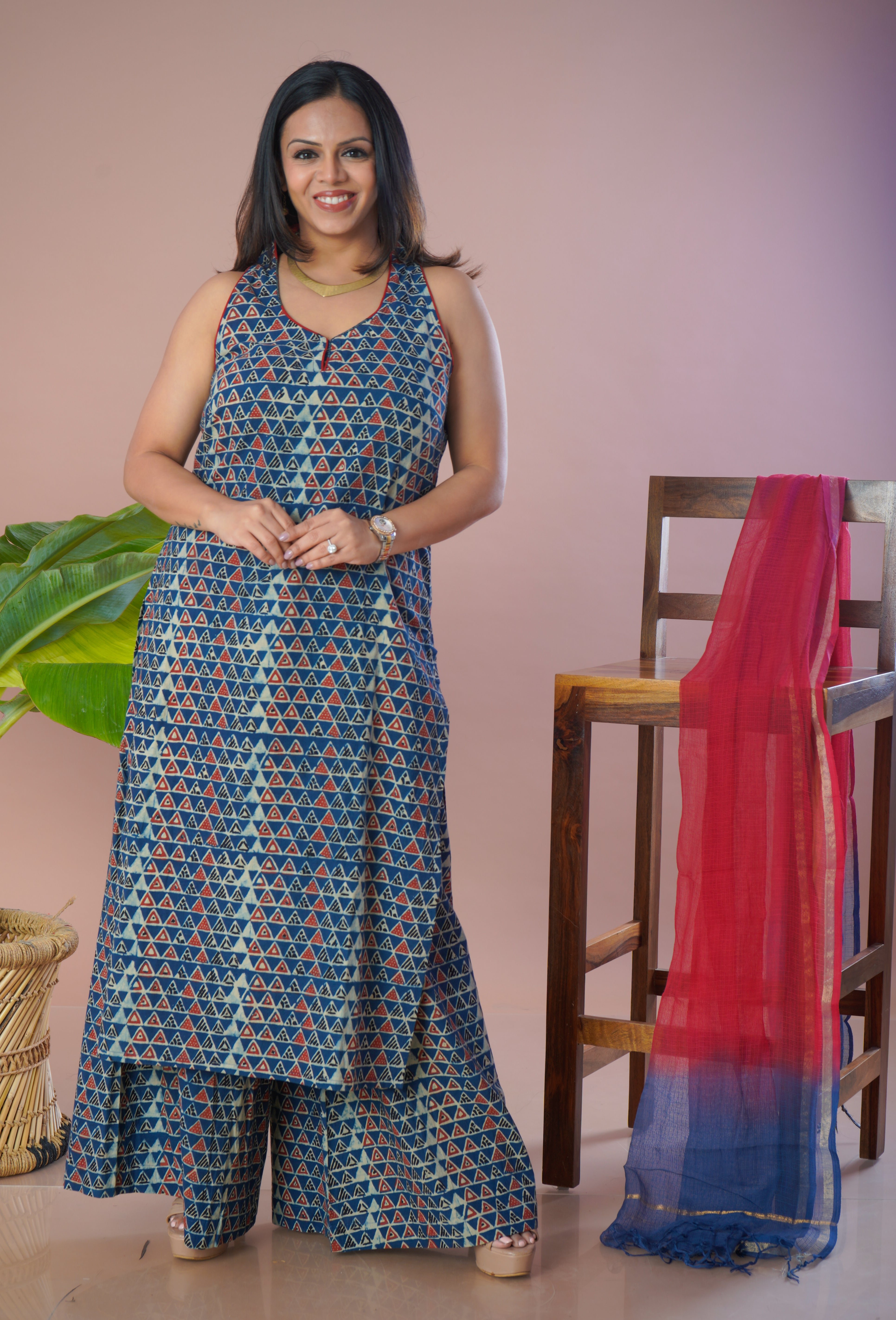Blue Ajrakh Cotton Kurta Plazo Dupatta Set