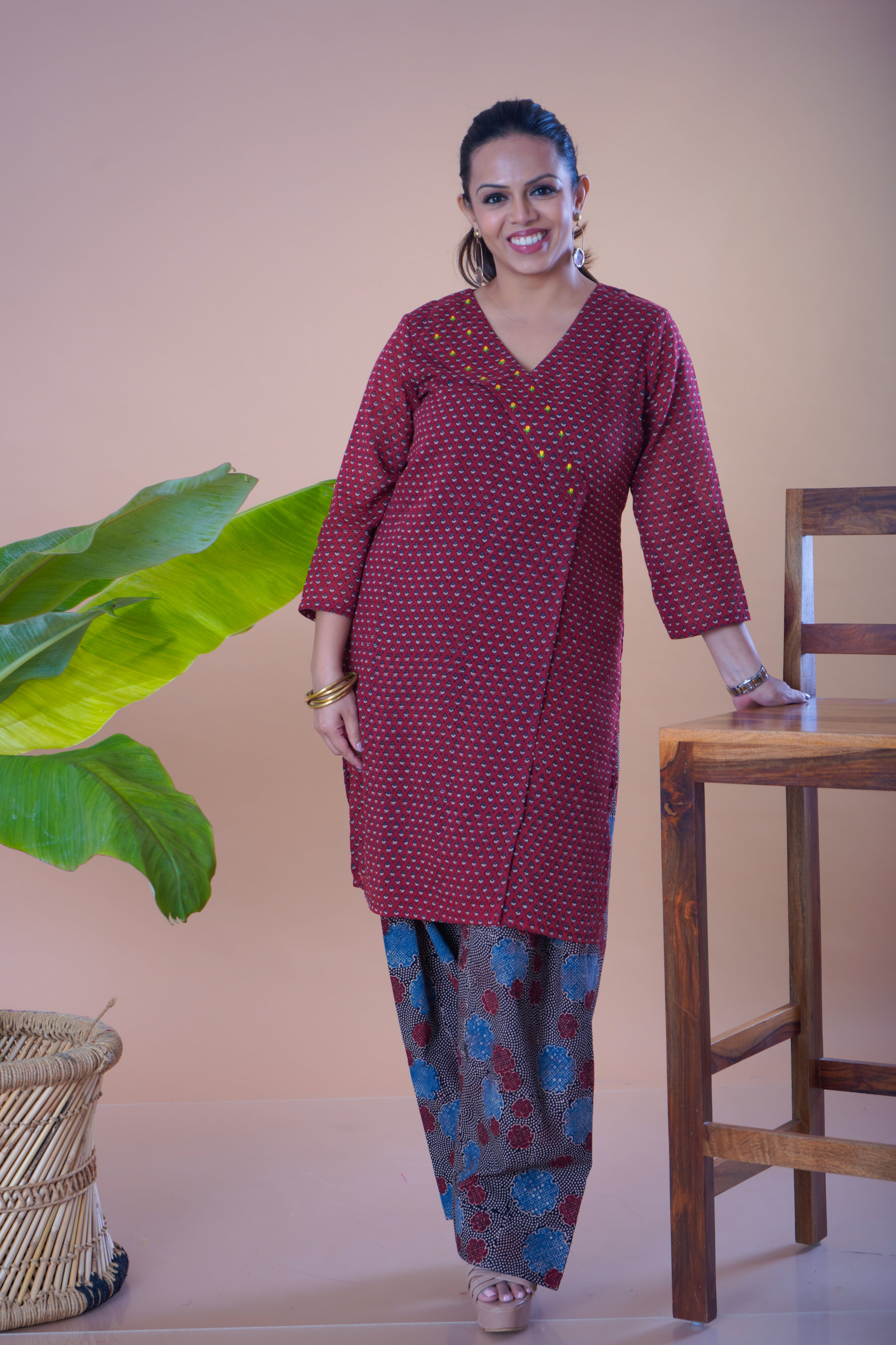 Ajrakh Printed Mulmul Kurta with Farsi Pant Set