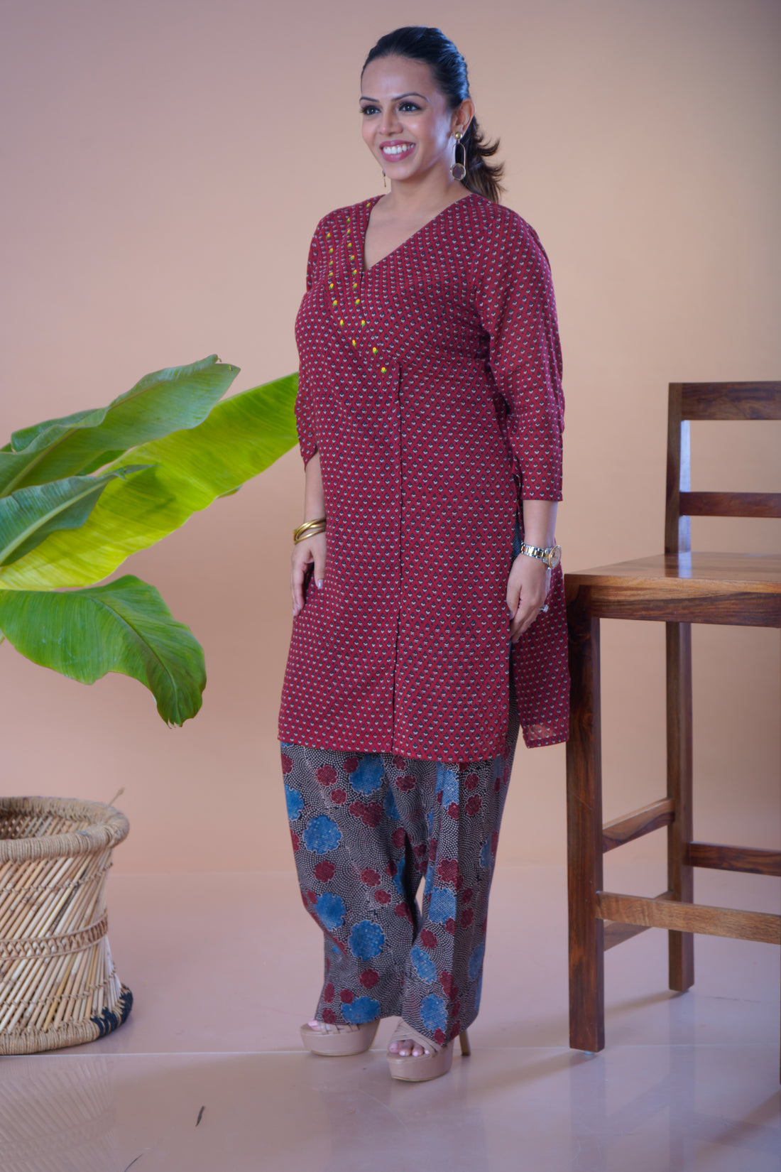Ajrakh Printed Mulmul Kurta with Farsi Pant Set