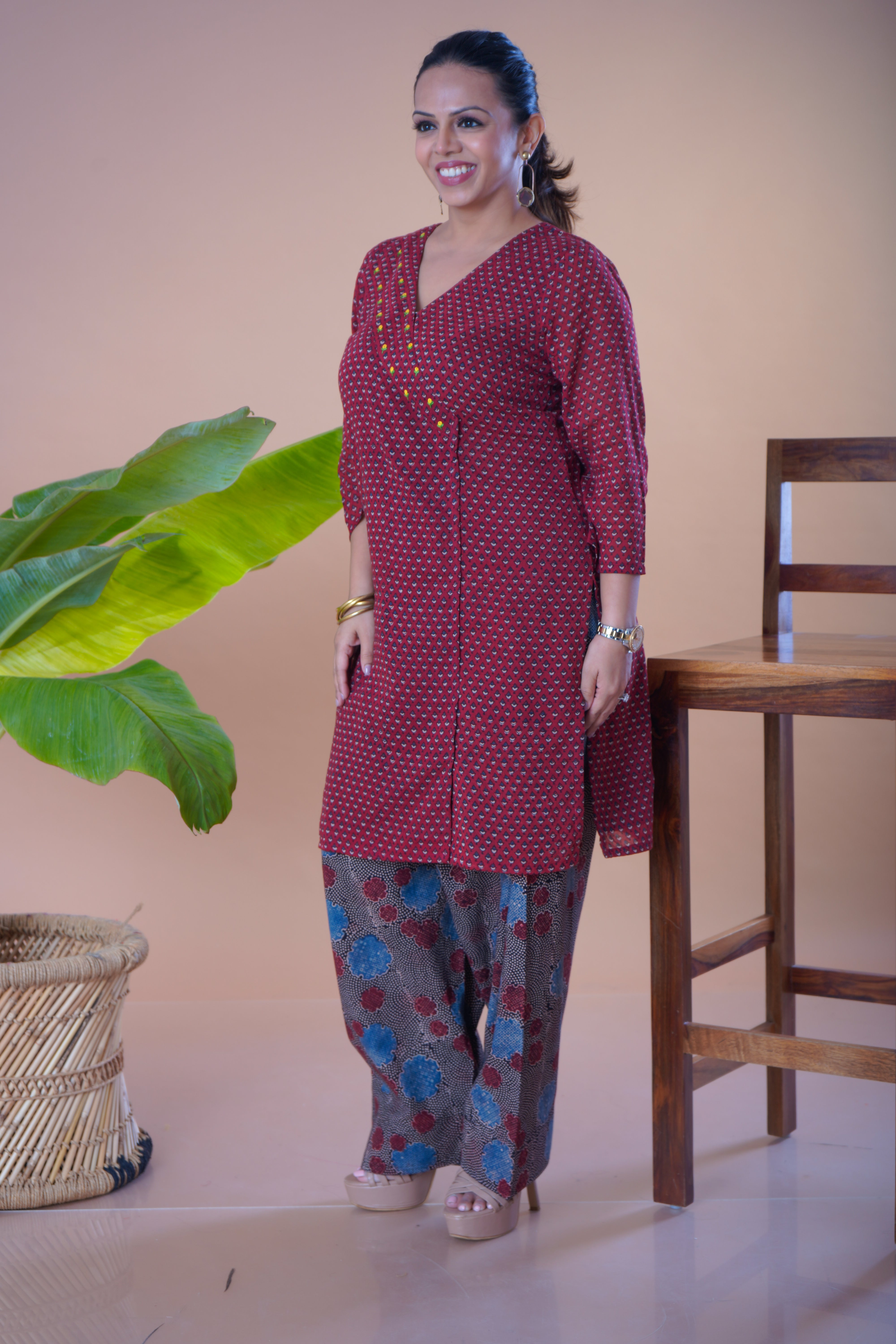 Ajrakh Printed Mulmul Kurta with Farsi Pant Set