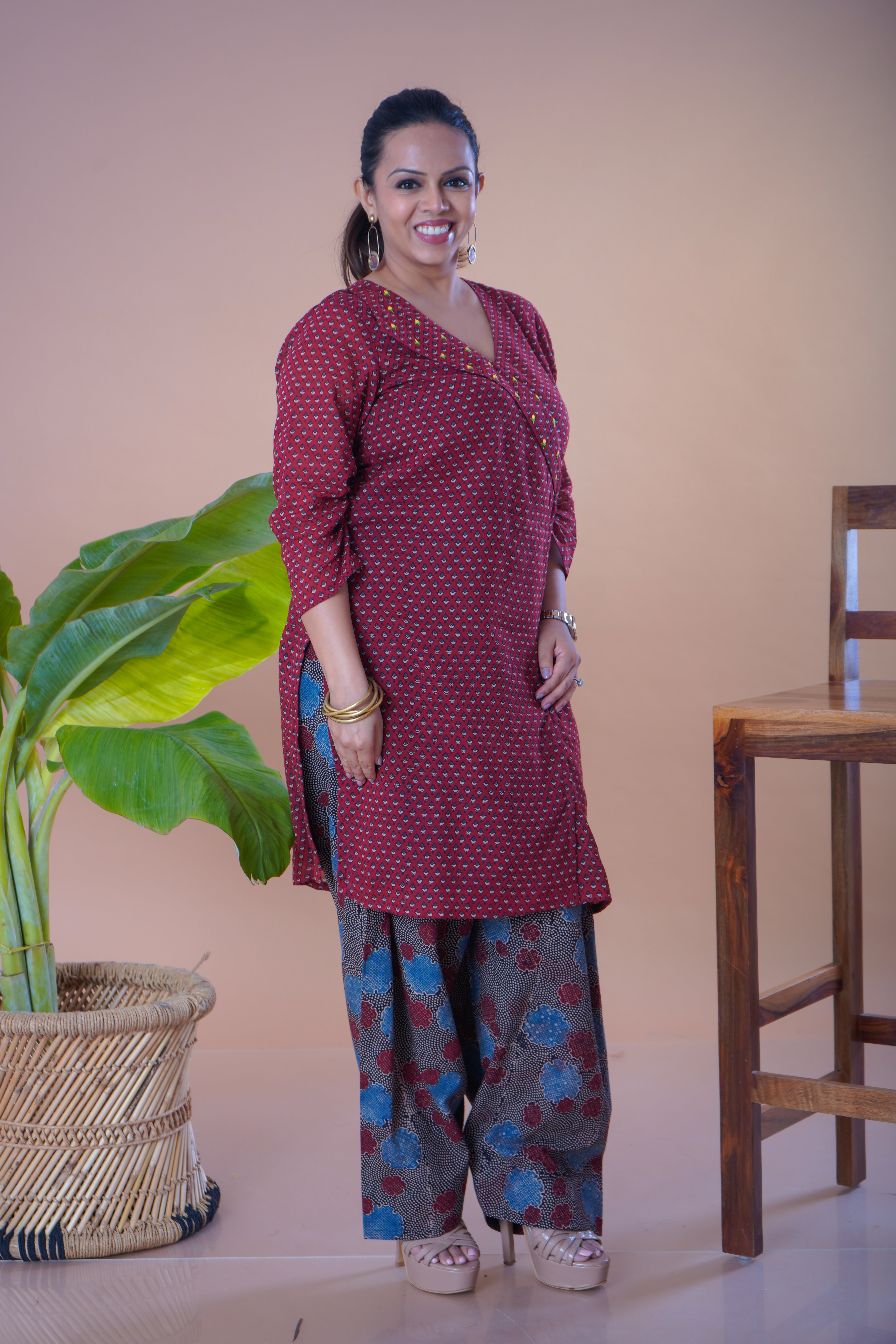 Ajrakh Printed Mulmul Kurta with Farsi Pant Set