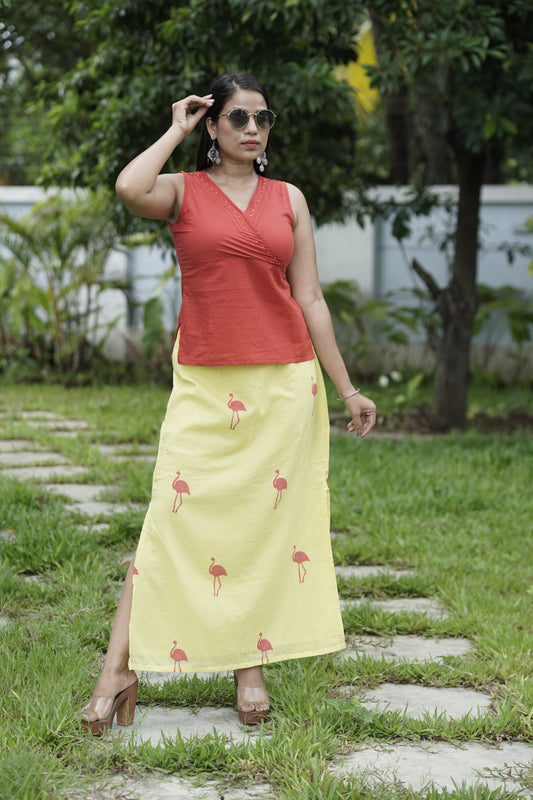 Rust Cotton Top with Yellow Flamingo Mul Skirt Set