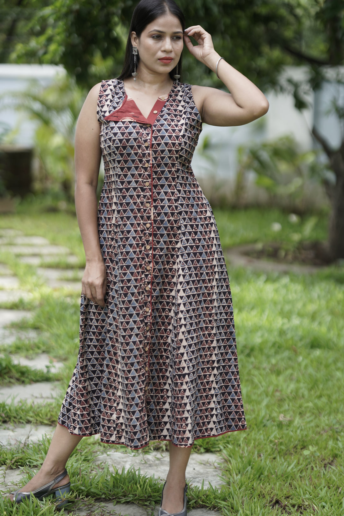 A-Line Flap Neck Maxi Dress.