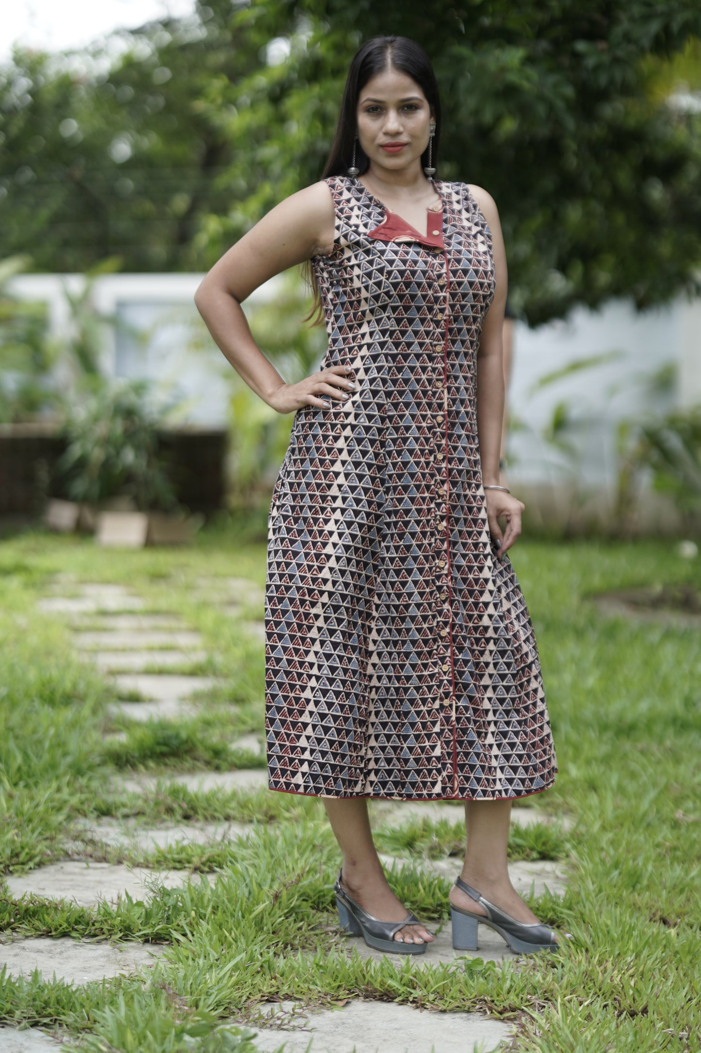 A-Line Flap Neck Maxi Dress.