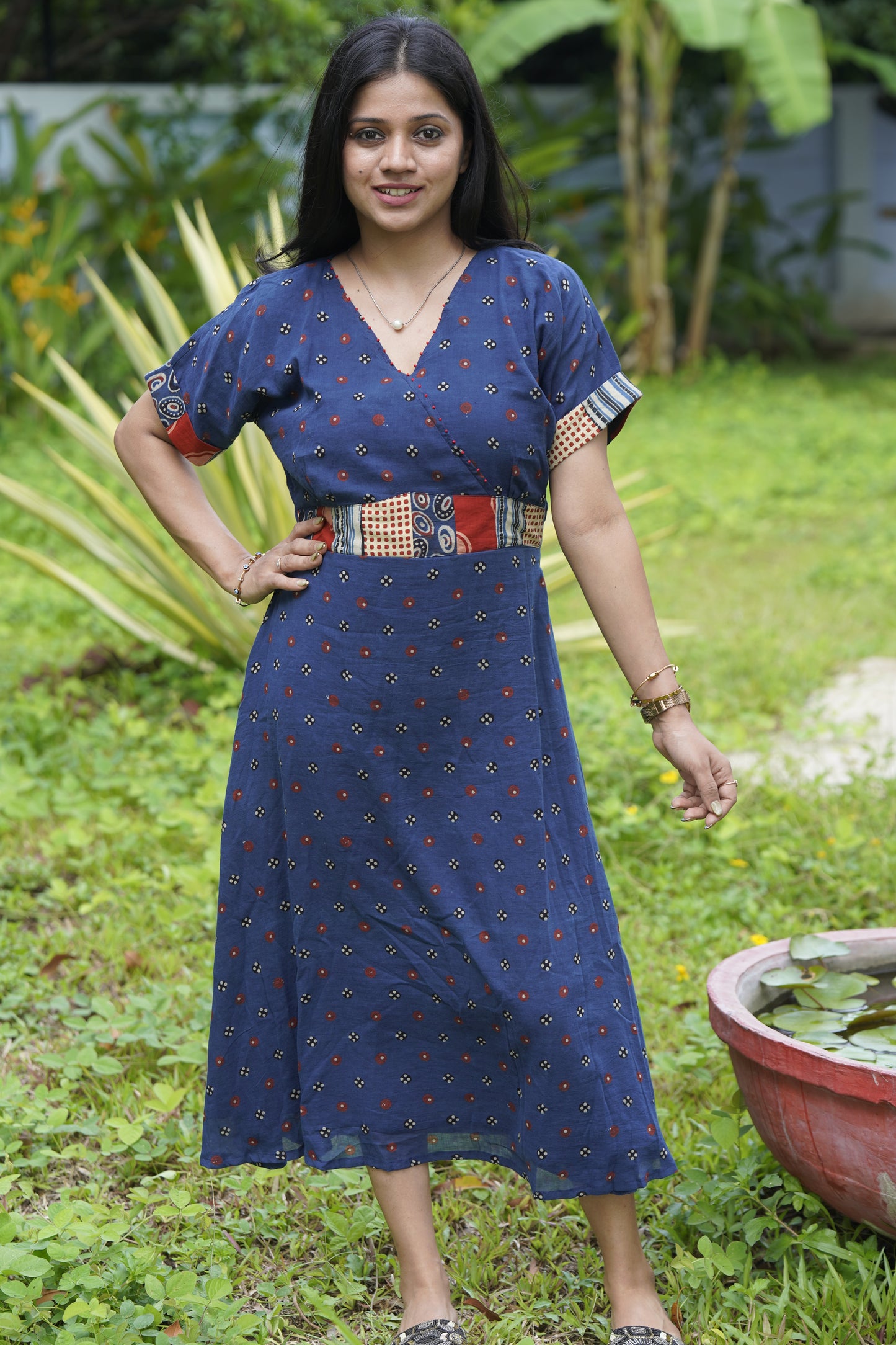 Indigo Patchwork Waist Cotton Midi Dress