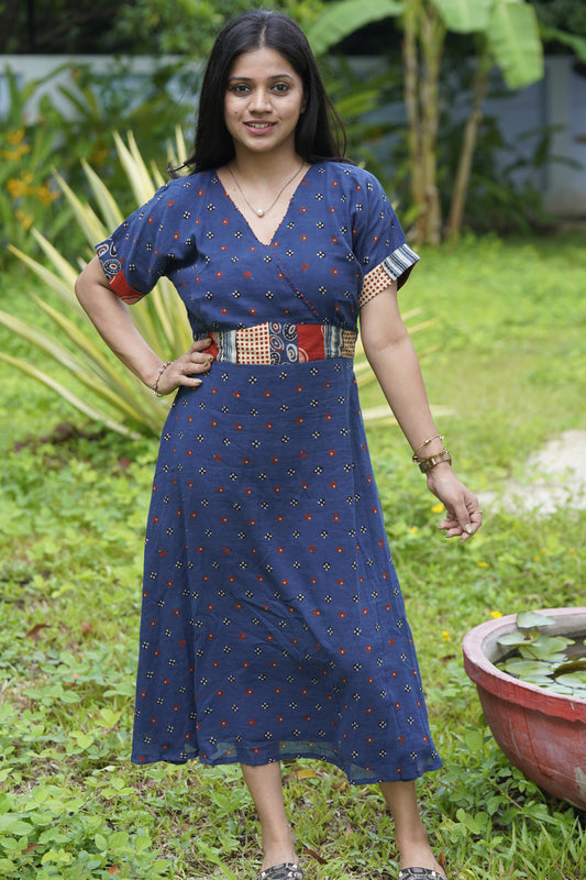 Indigo Patchwork Waist Cotton Midi Dress