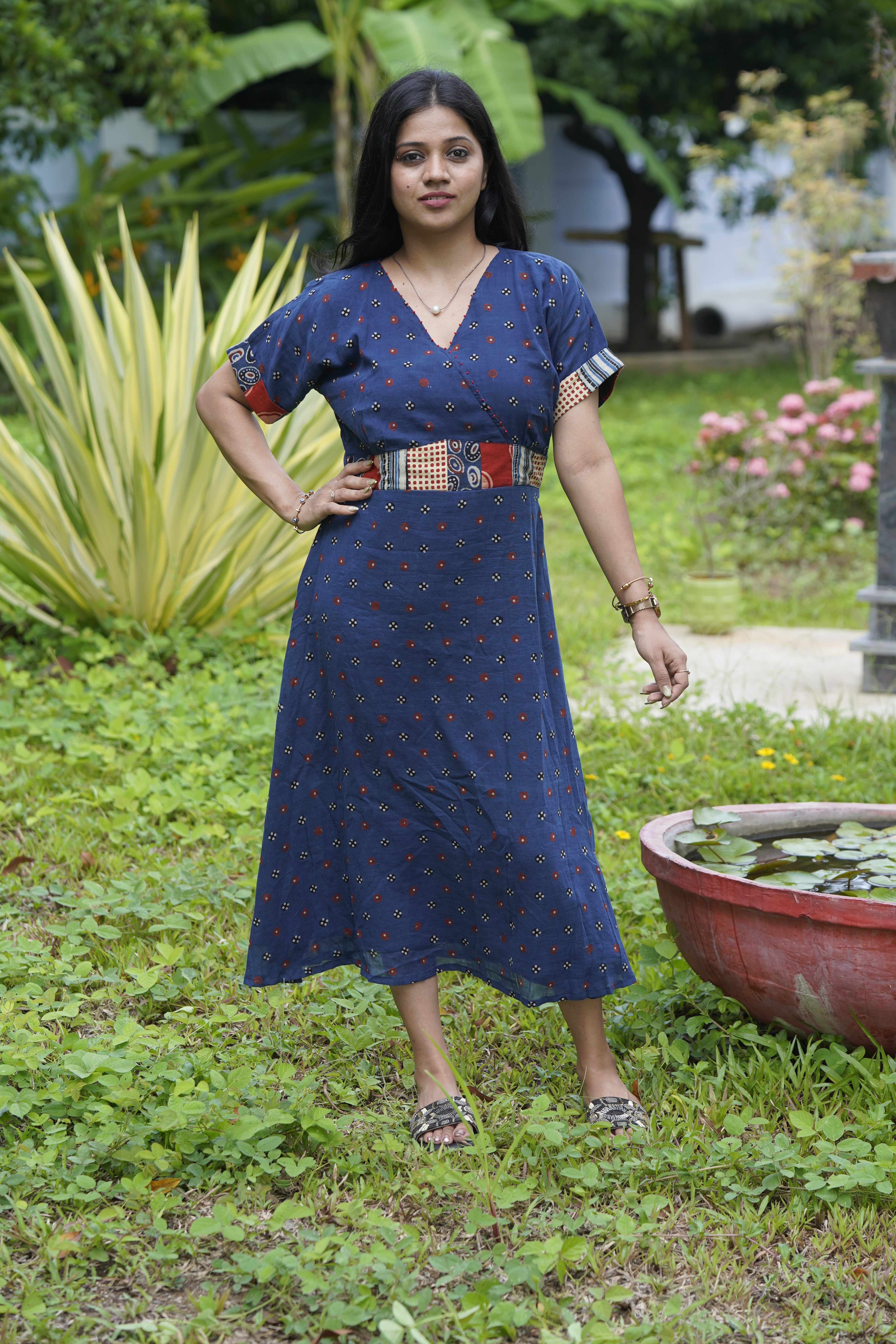 Indigo Patchwork Waist Cotton Midi Dress