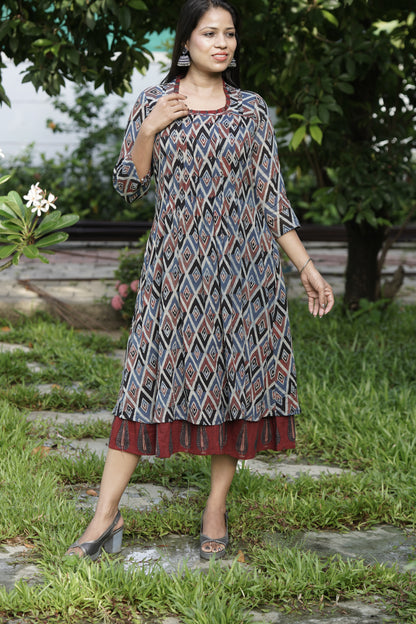 Ajrakh mulmul pintex dress- Blue