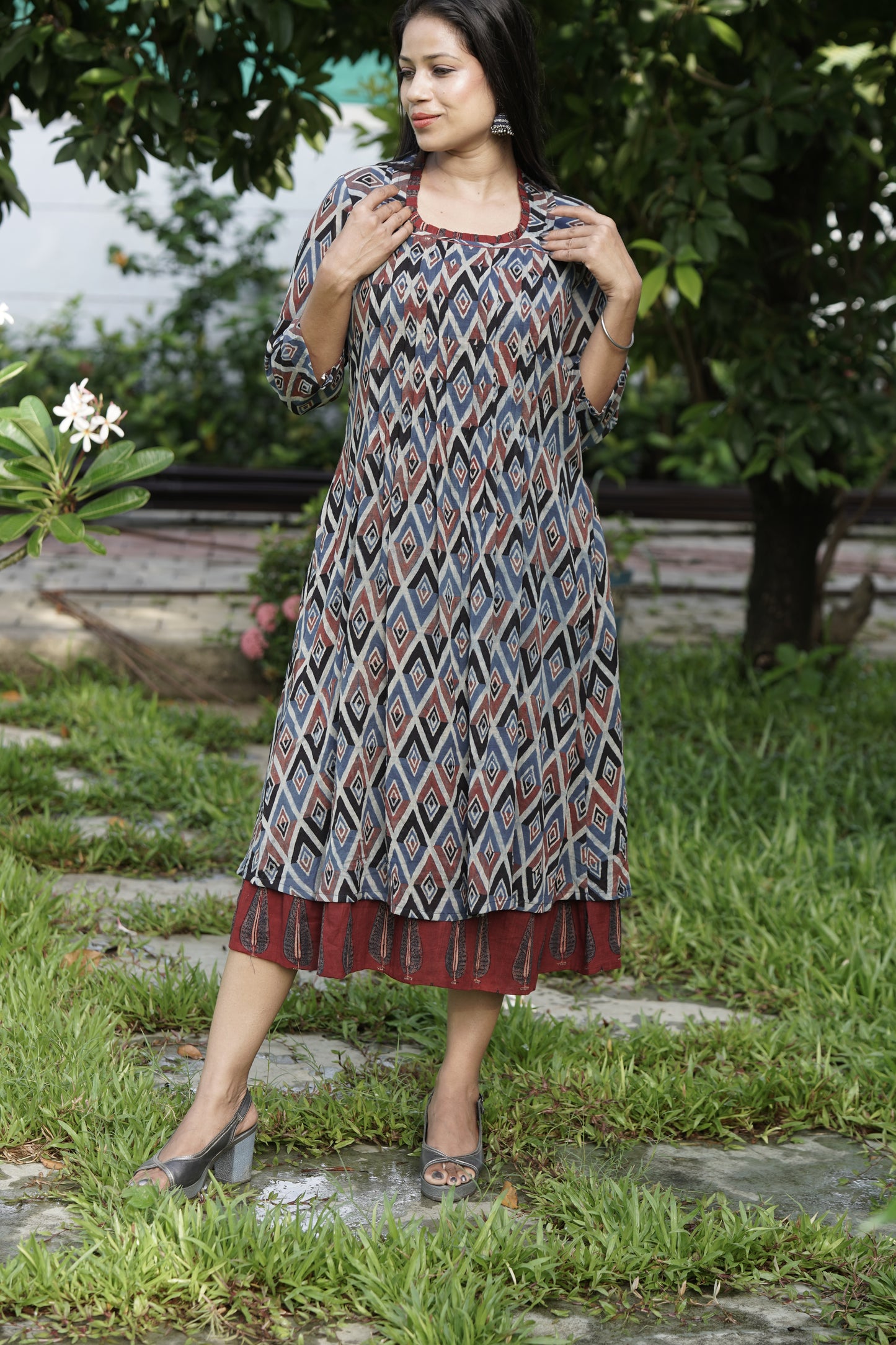 Ajrakh mulmul pintex dress- Blue