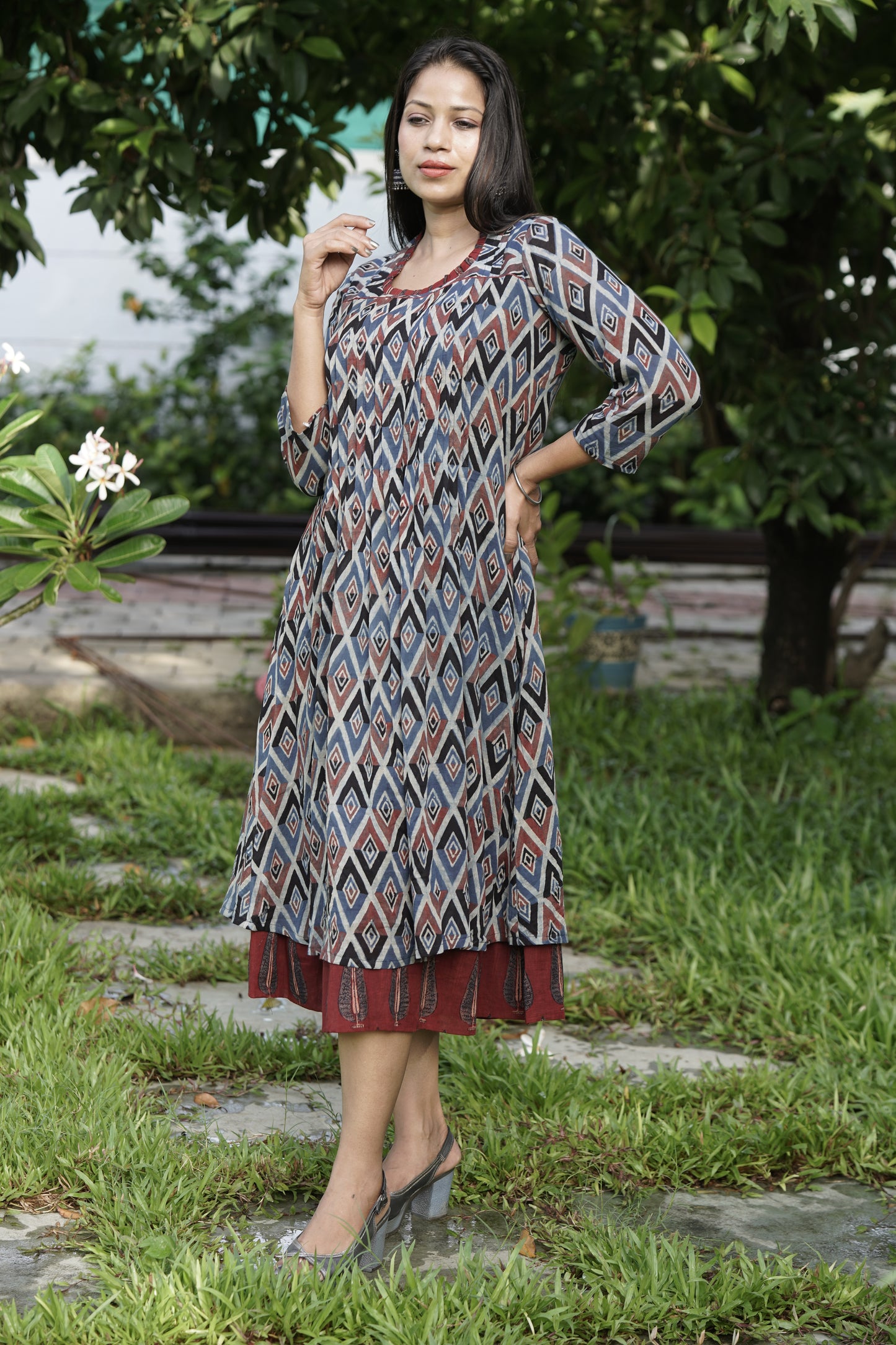 Ajrakh mulmul pintex dress- Blue