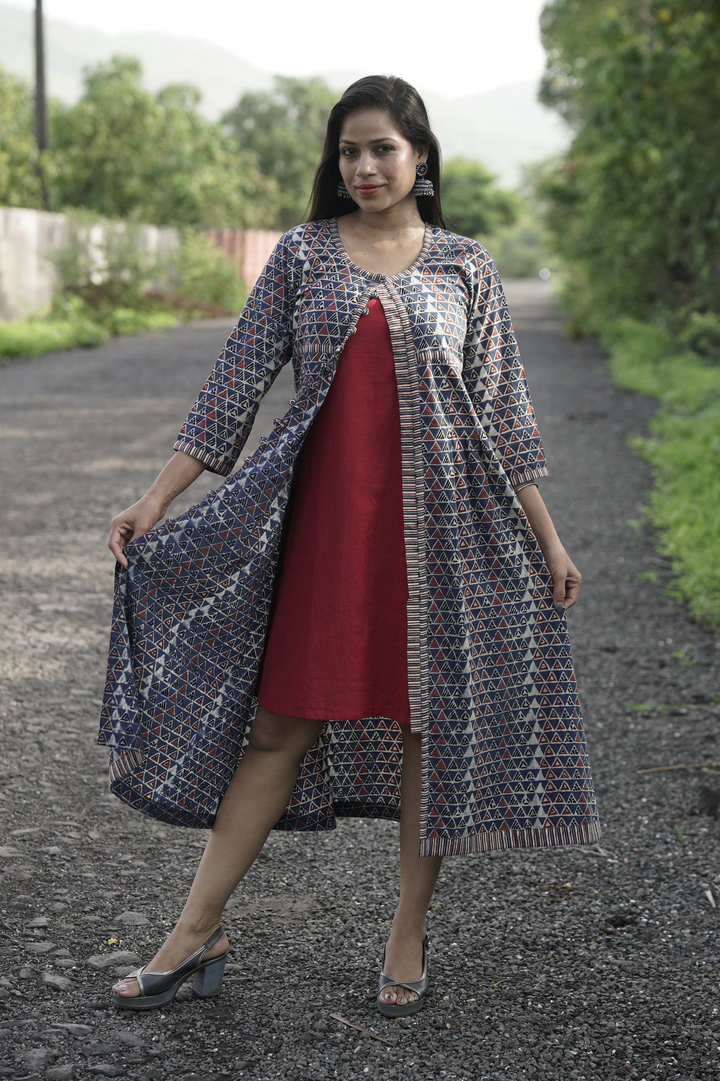 Handblock Printed Cotton Jacket Dress With Inner Set