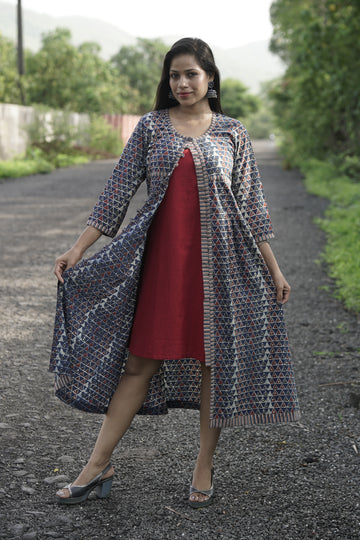 Handblock Printed Cotton Jacket Dress With Inner Set