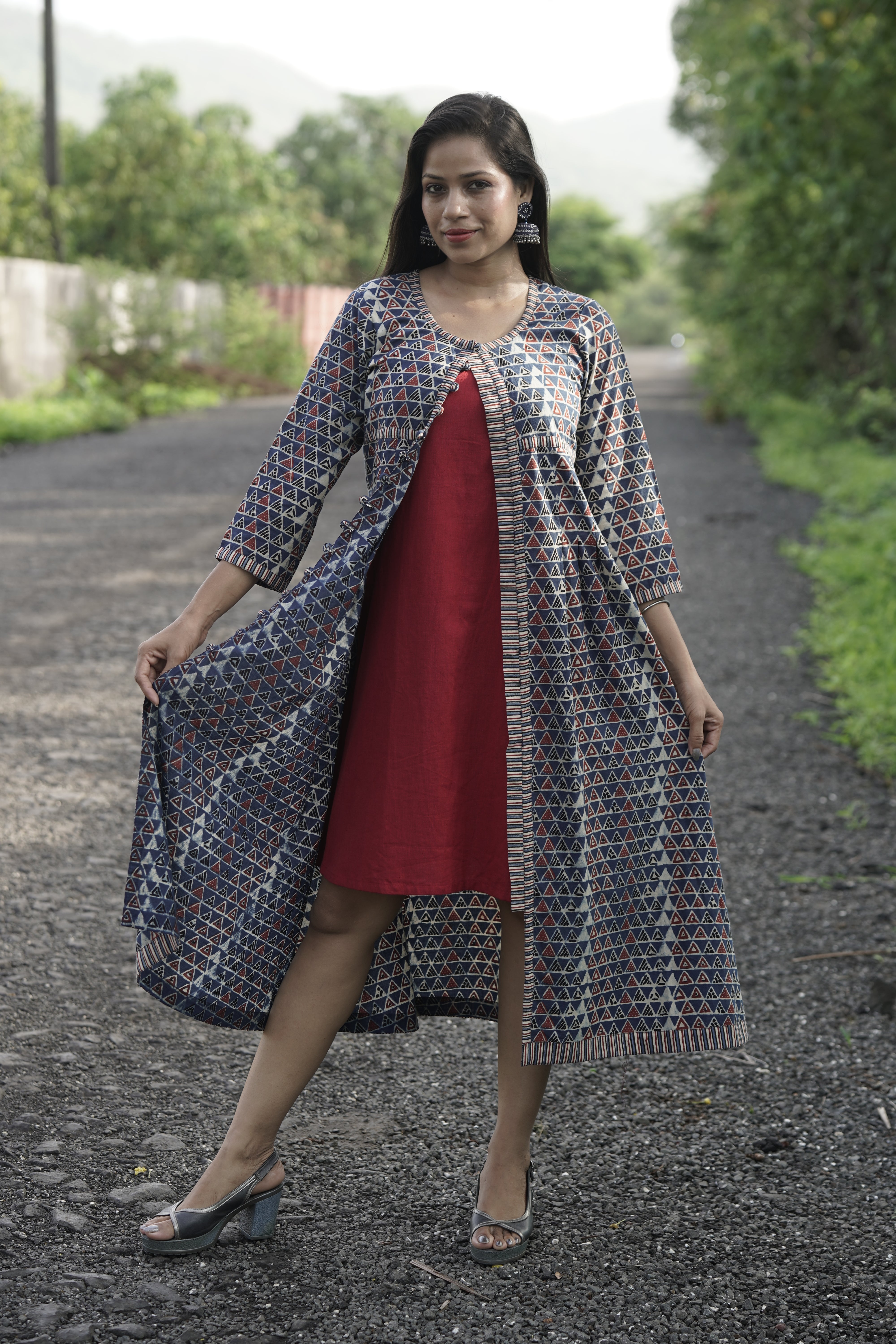 Handblock Printed Cotton Jacket Dress With Inner Set