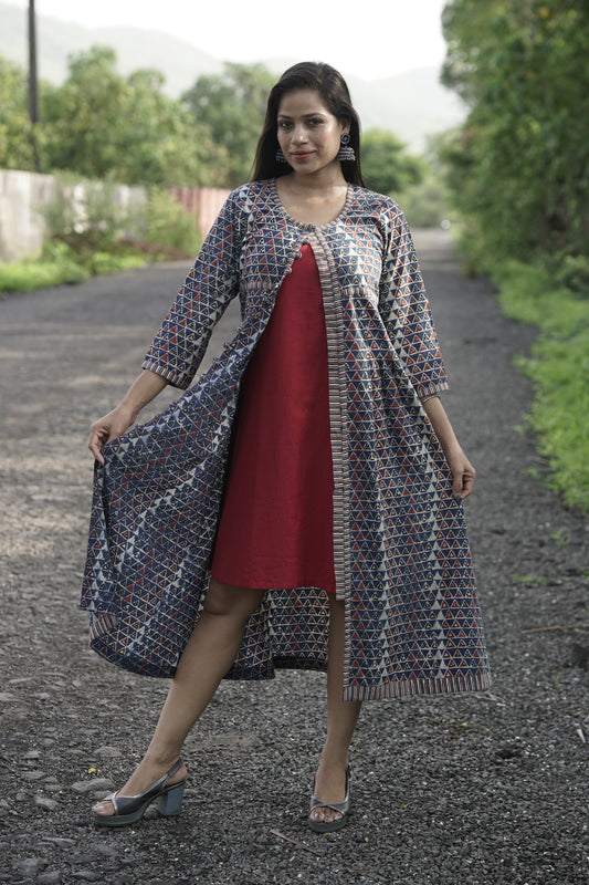 Handblock Printed Cotton Jacket Dress With Inner Set