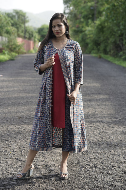 Handblock Printed Cotton Jacket Dress With Inner Set
