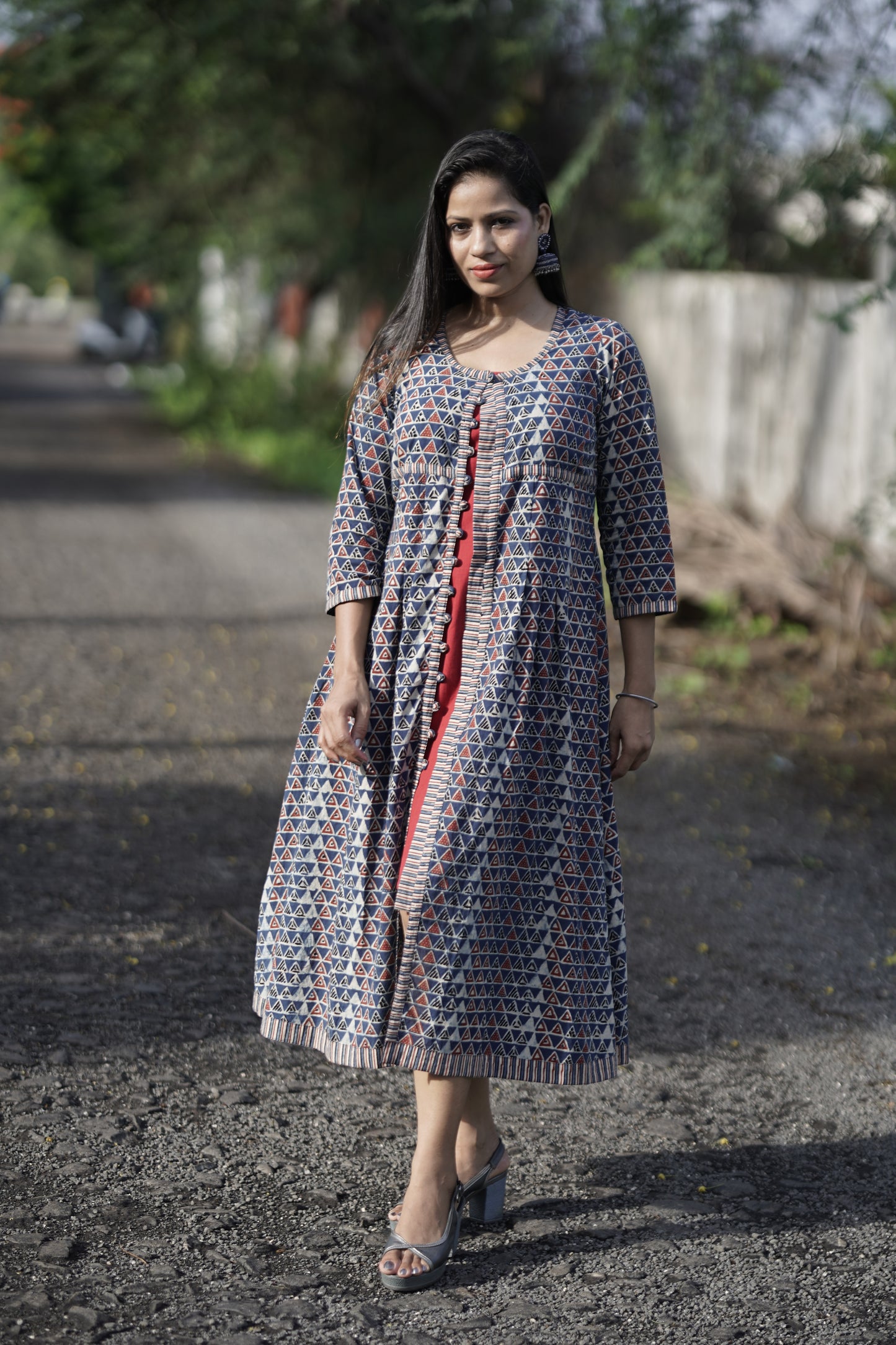 Handblock Printed Cotton Jacket Dress With Inner Set