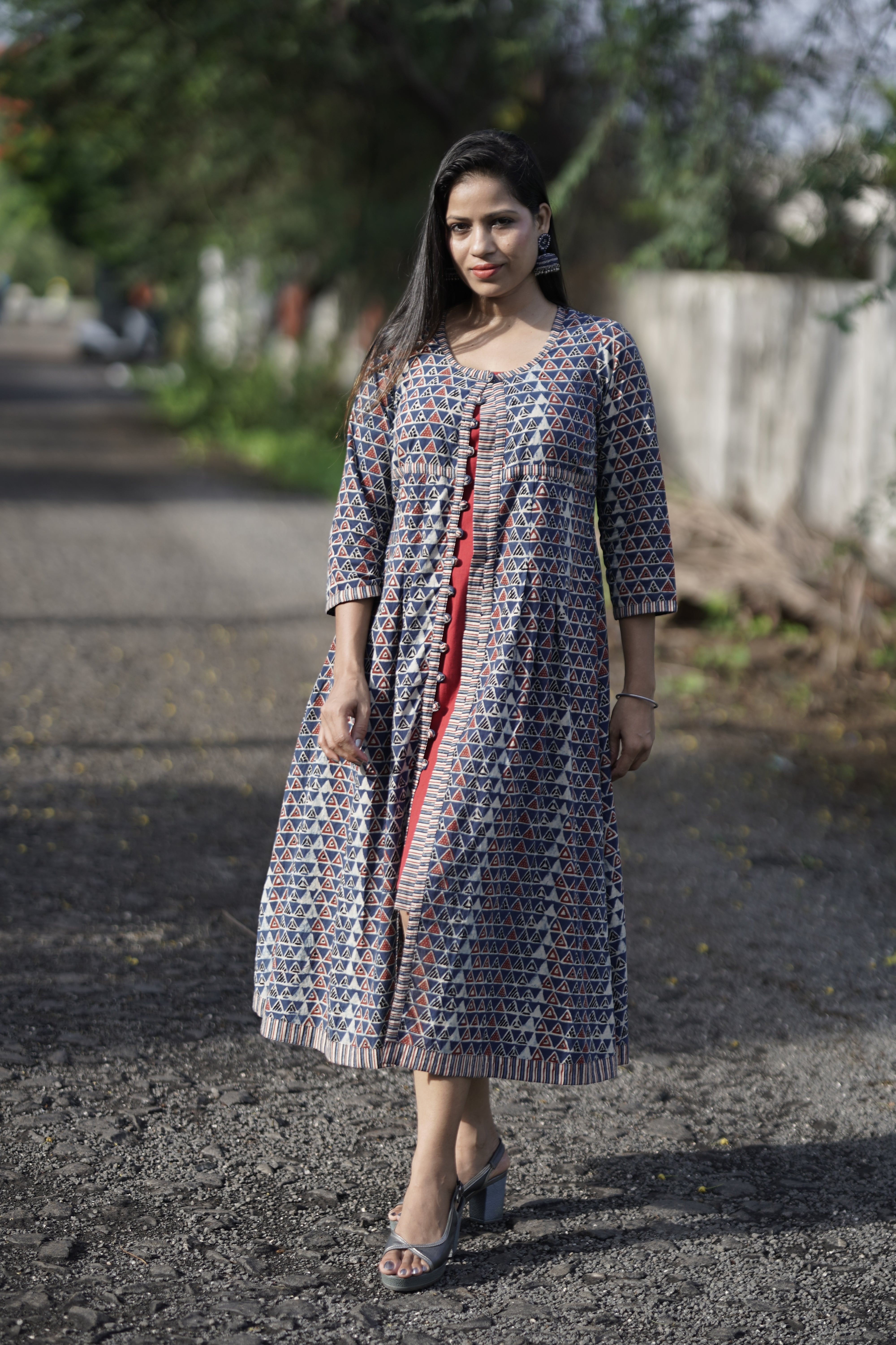 Handblock Printed Cotton Jacket Dress With Inner Set