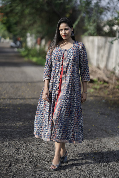 Handblock Printed Cotton Jacket Dress With Inner Set