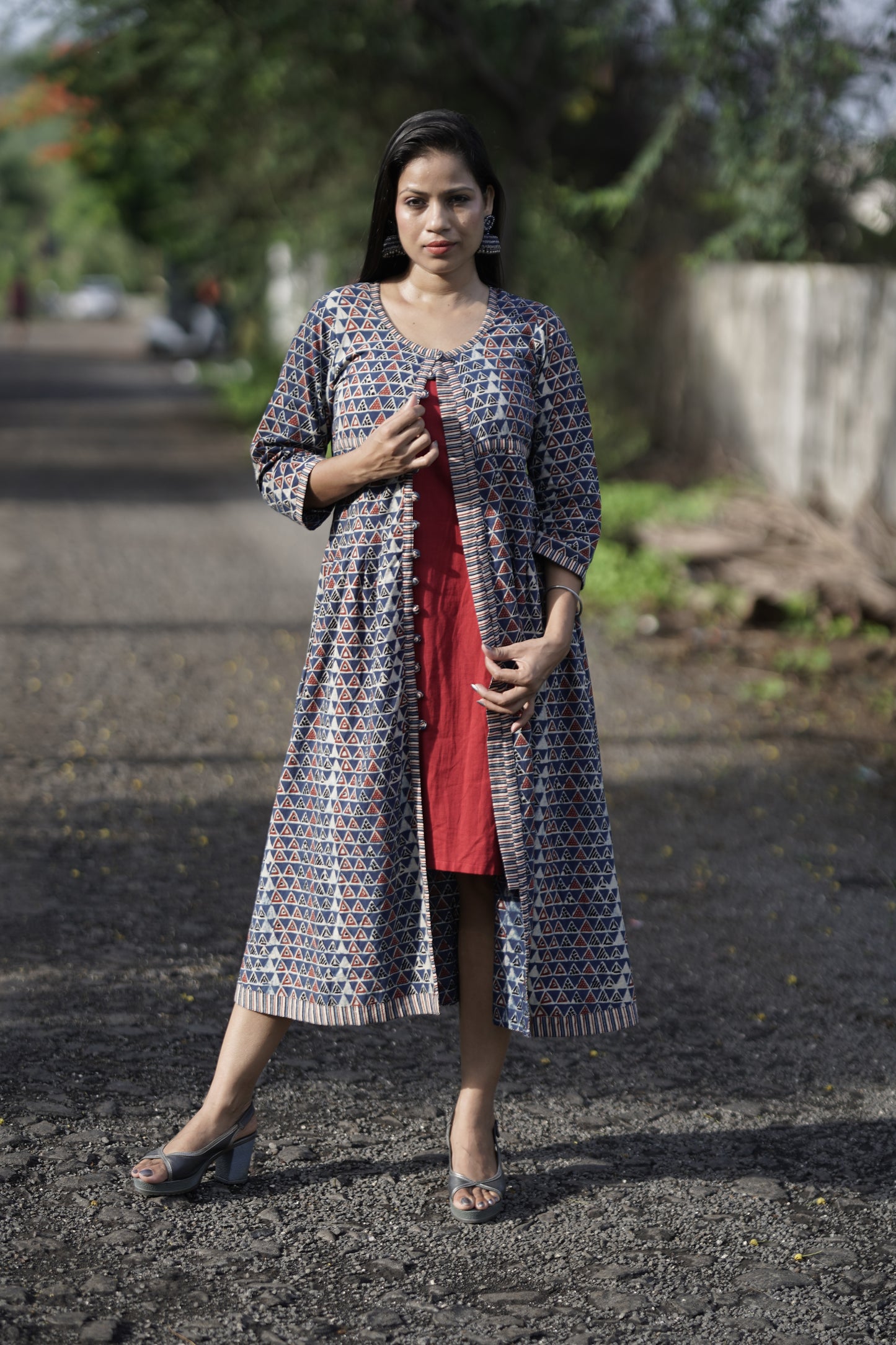 Handblock Printed Cotton Jacket Dress With Inner Set