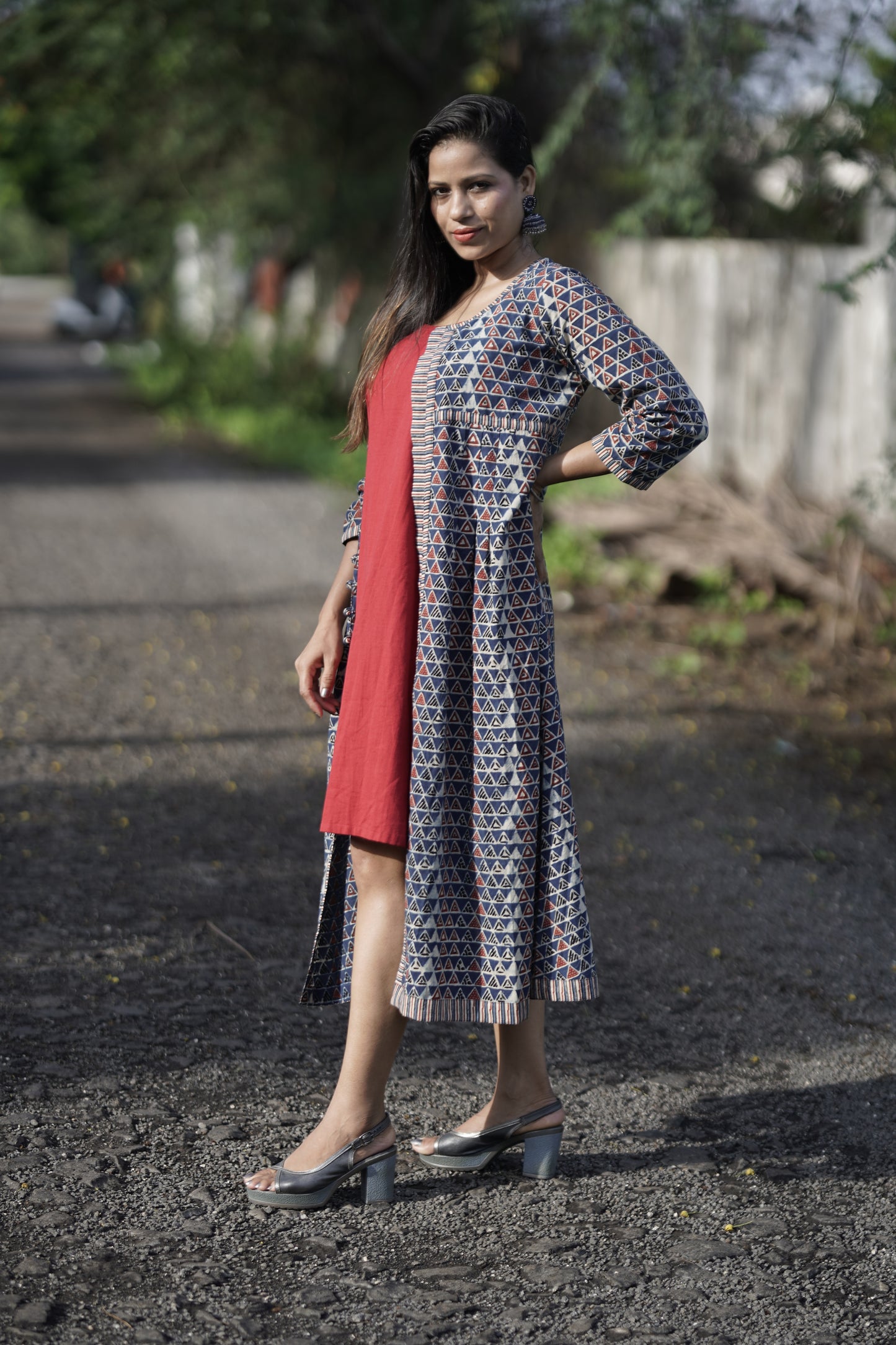 Handblock Printed Cotton Jacket Dress With Inner Set