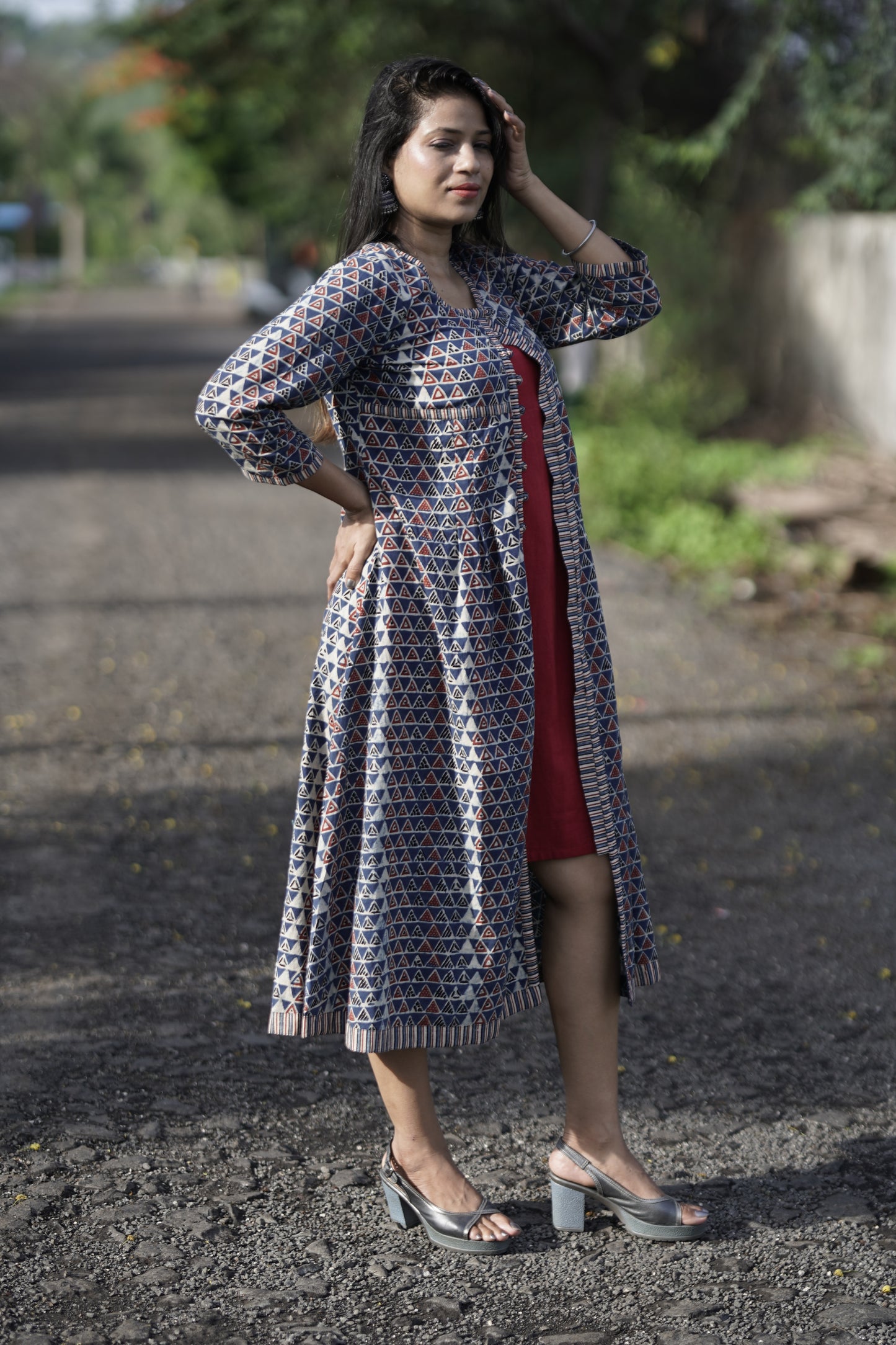 Handblock Printed Cotton Jacket Dress With Inner Set