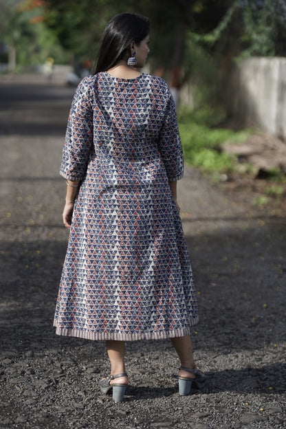 Handblock Printed Cotton Jacket Dress With Inner Set