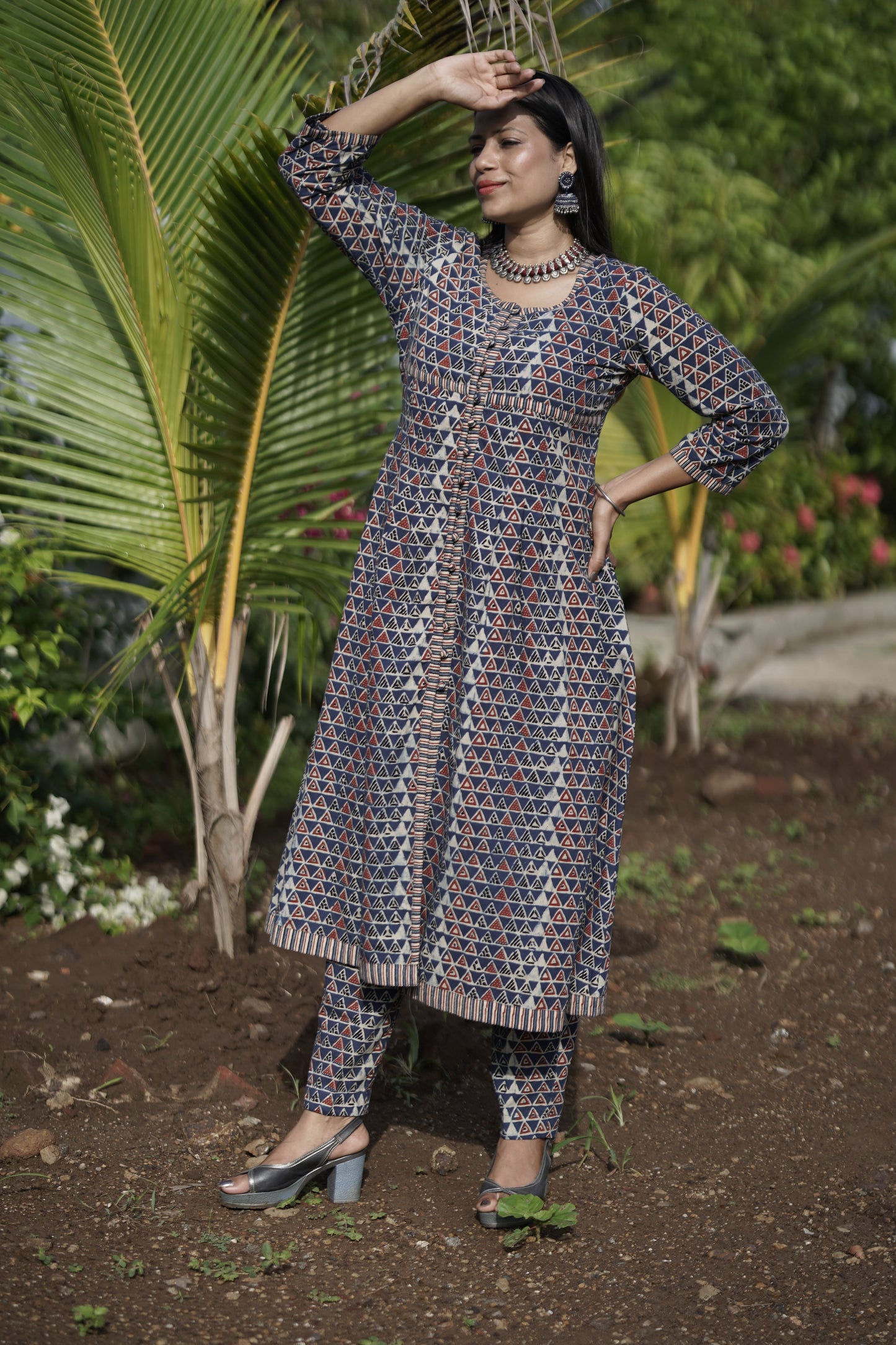 Handblock Printed Cotton Jacket Dress With Inner Set