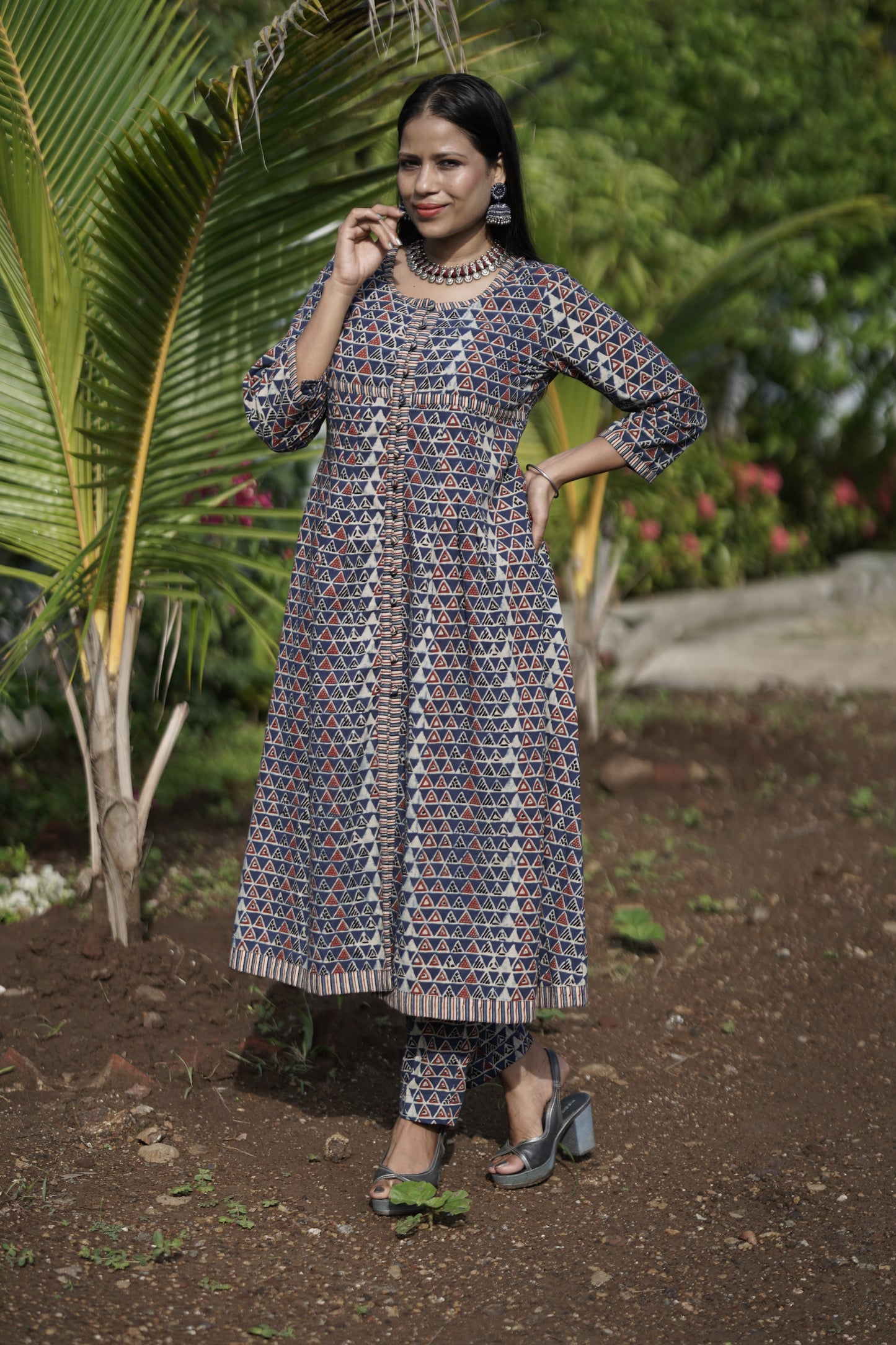 Handblock Printed Cotton Jacket Dress With Inner Set