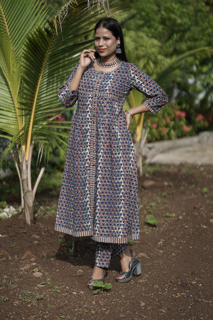 Handblock Printed Cotton Jacket Dress With Inner Set