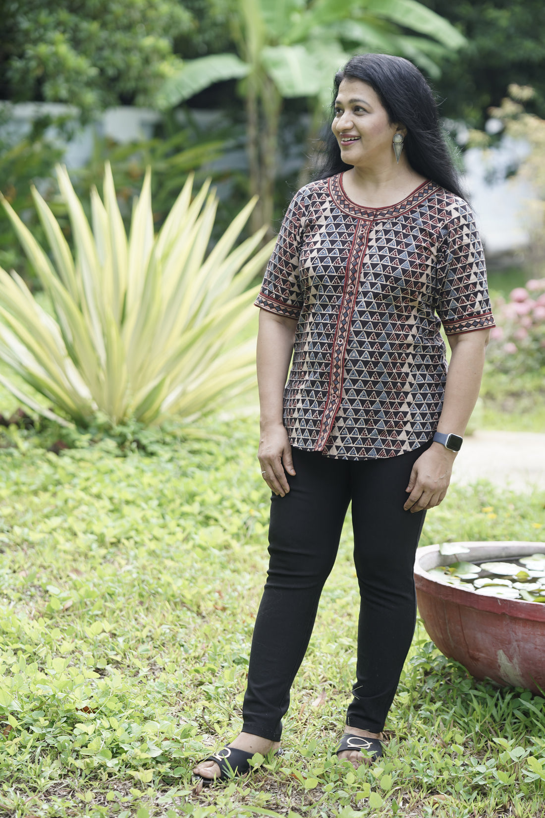 Tringale Print Cotton Button-Down Top