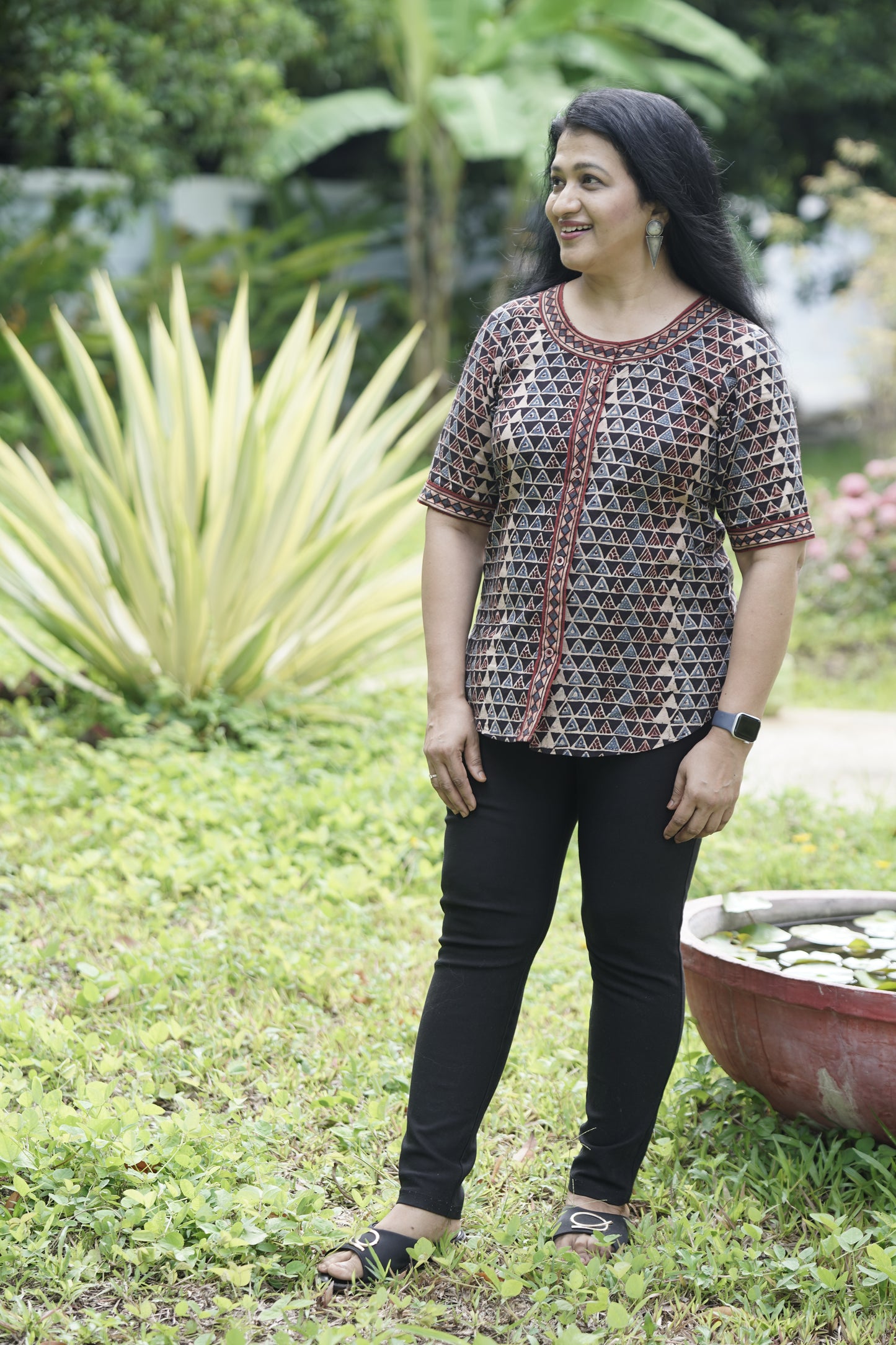 Tringale Print Cotton Button-Down Top
