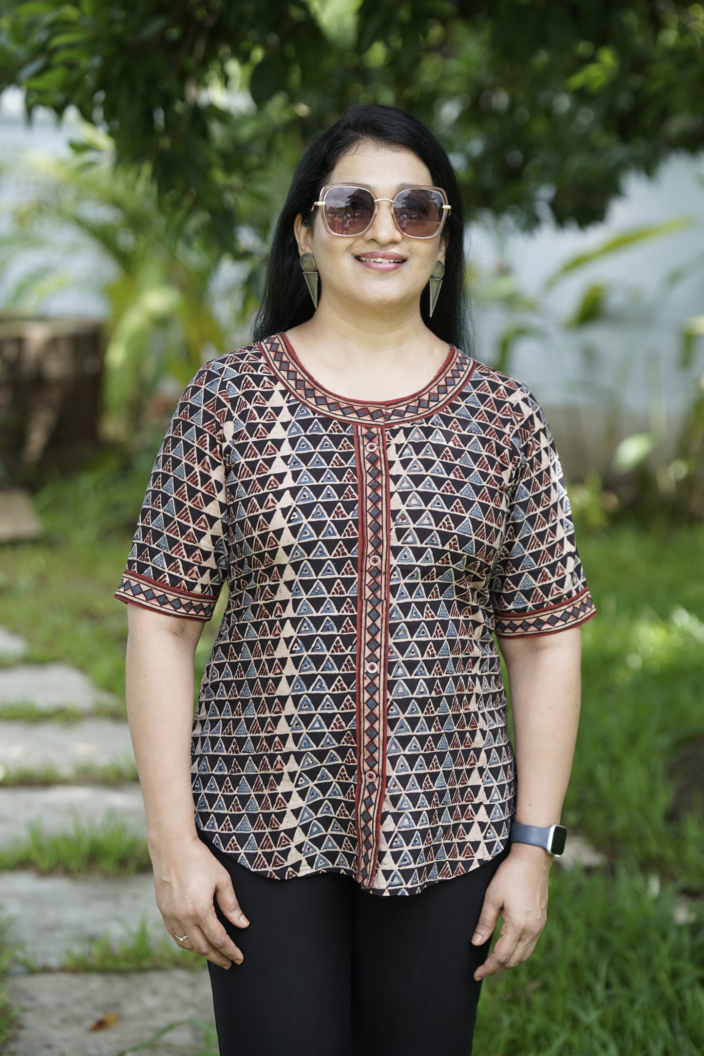 Tringale Print Cotton Button-Down Top