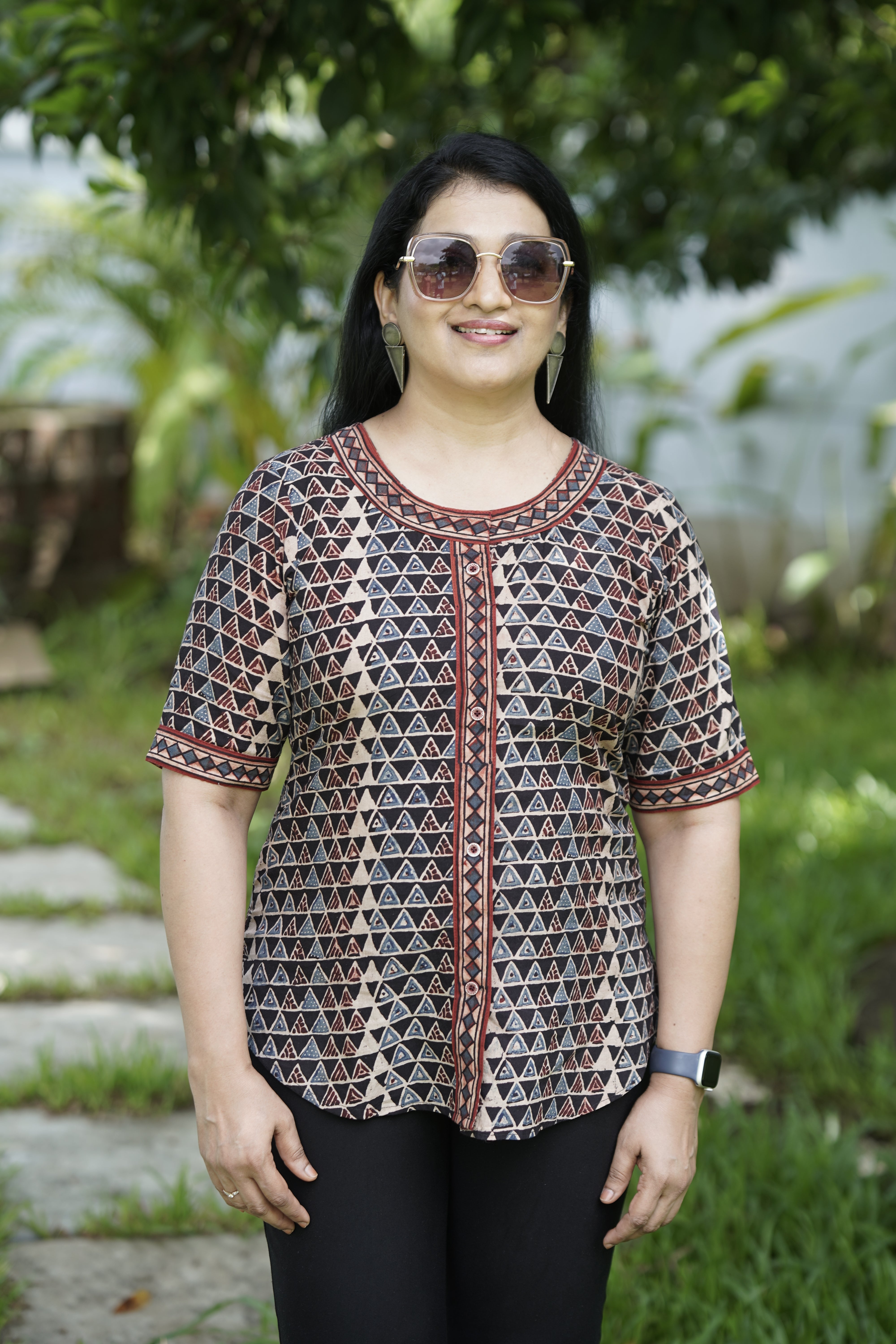 Tringale Print Cotton Button-Down Top