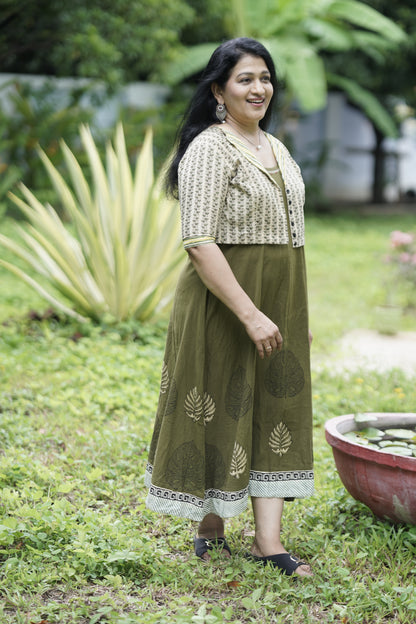 Olive Grove Leaf-Printed Midi Dress with Jacket