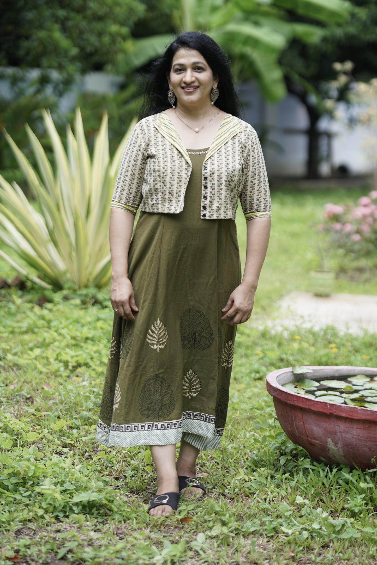 Olive Grove Leaf-Printed Midi Dress with Jacket