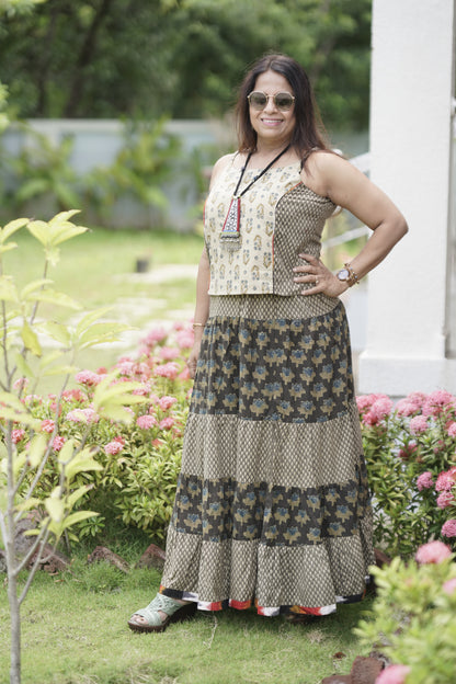 Earthy Toned Handblock Cotton Co-ord Set (Top + Flared Skirt)