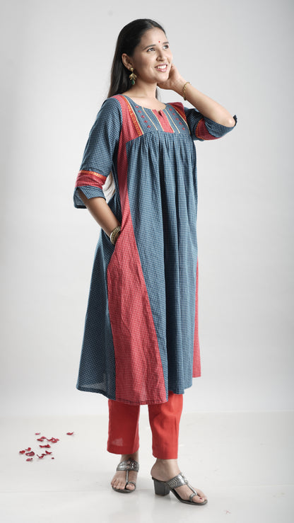 Cotton Gathered Kurta With Rust Red Pant Set