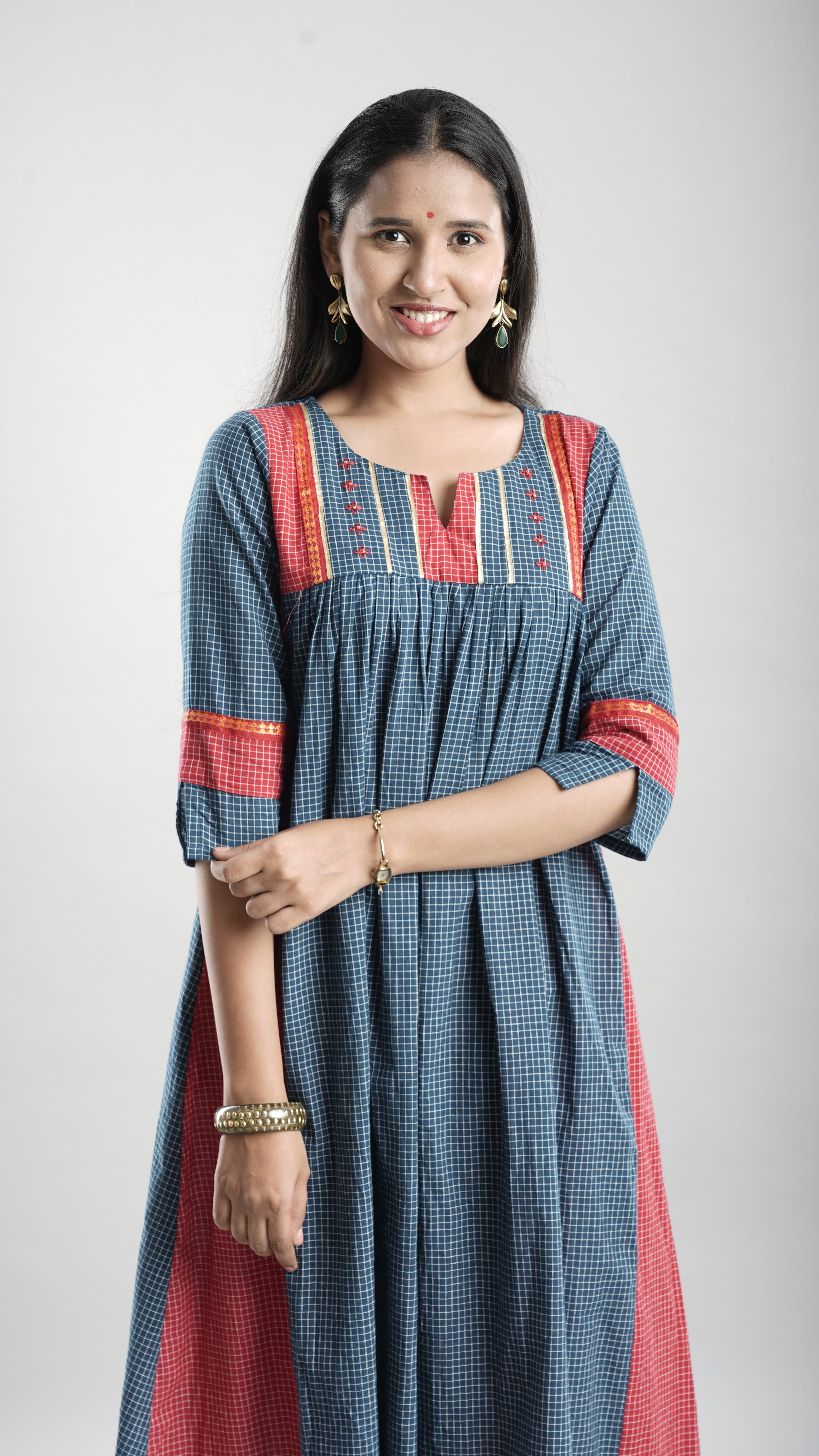 Cotton Gathered Kurta With Rust Red Pant Set