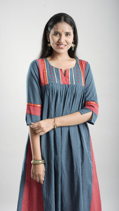 Cotton Gathered Kurta With Rust Red Pant Set