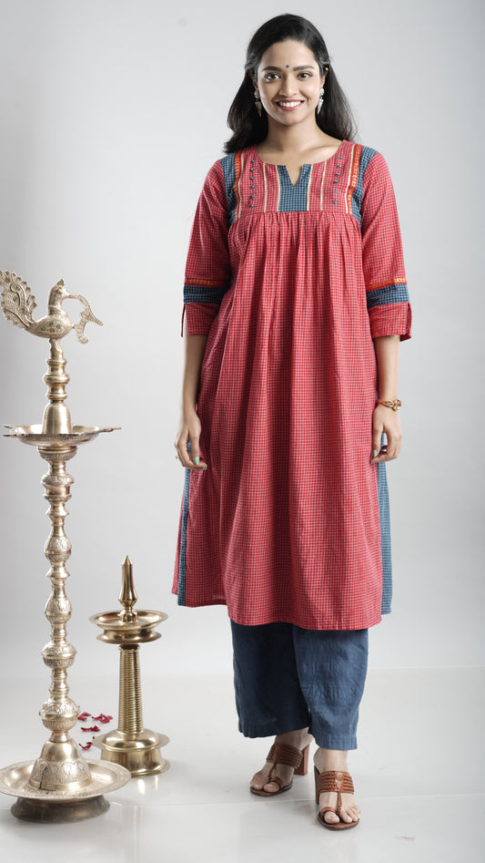 Cotton Gathered Kurta With Rust Red Pant Set