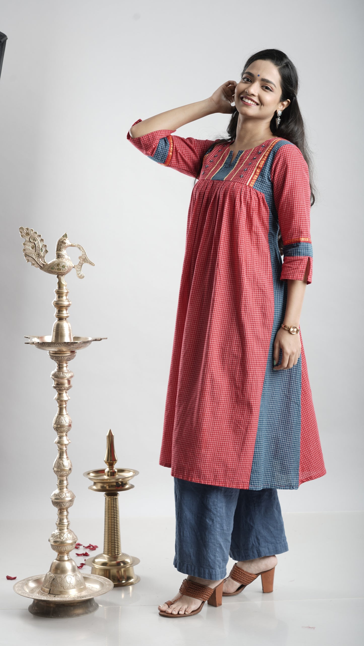Cotton Gathered Kurta With Rust Red Pant Set