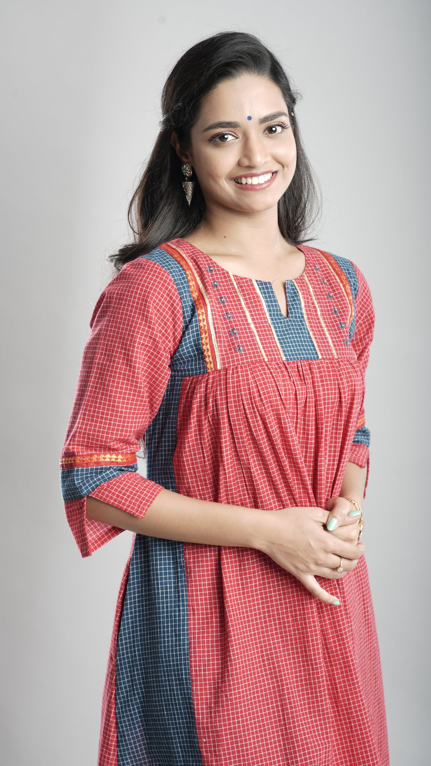 Cotton Gathered Kurta With Rust Red Pant Set