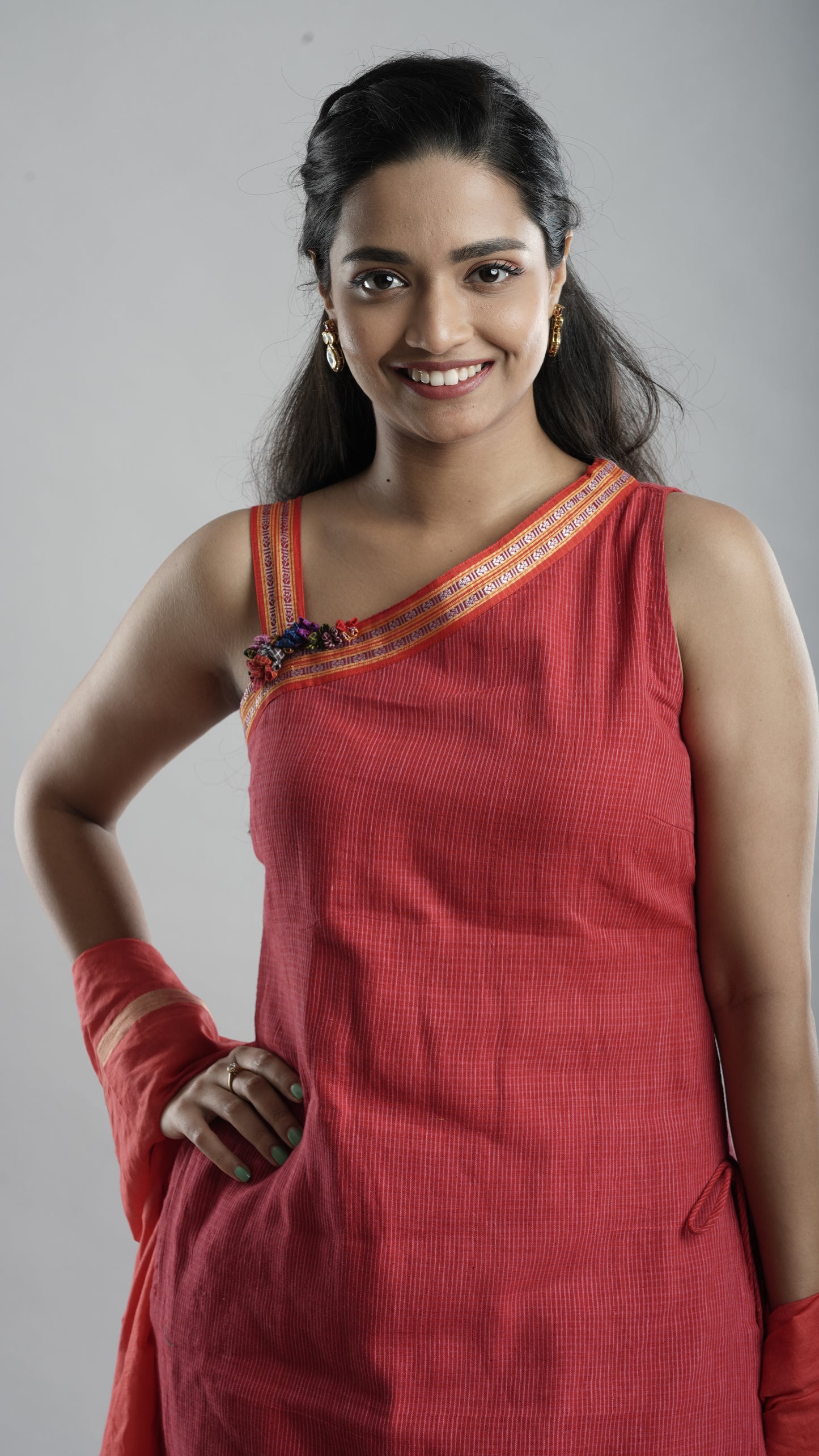 Red One-Shoulder Handloom Kurta Set