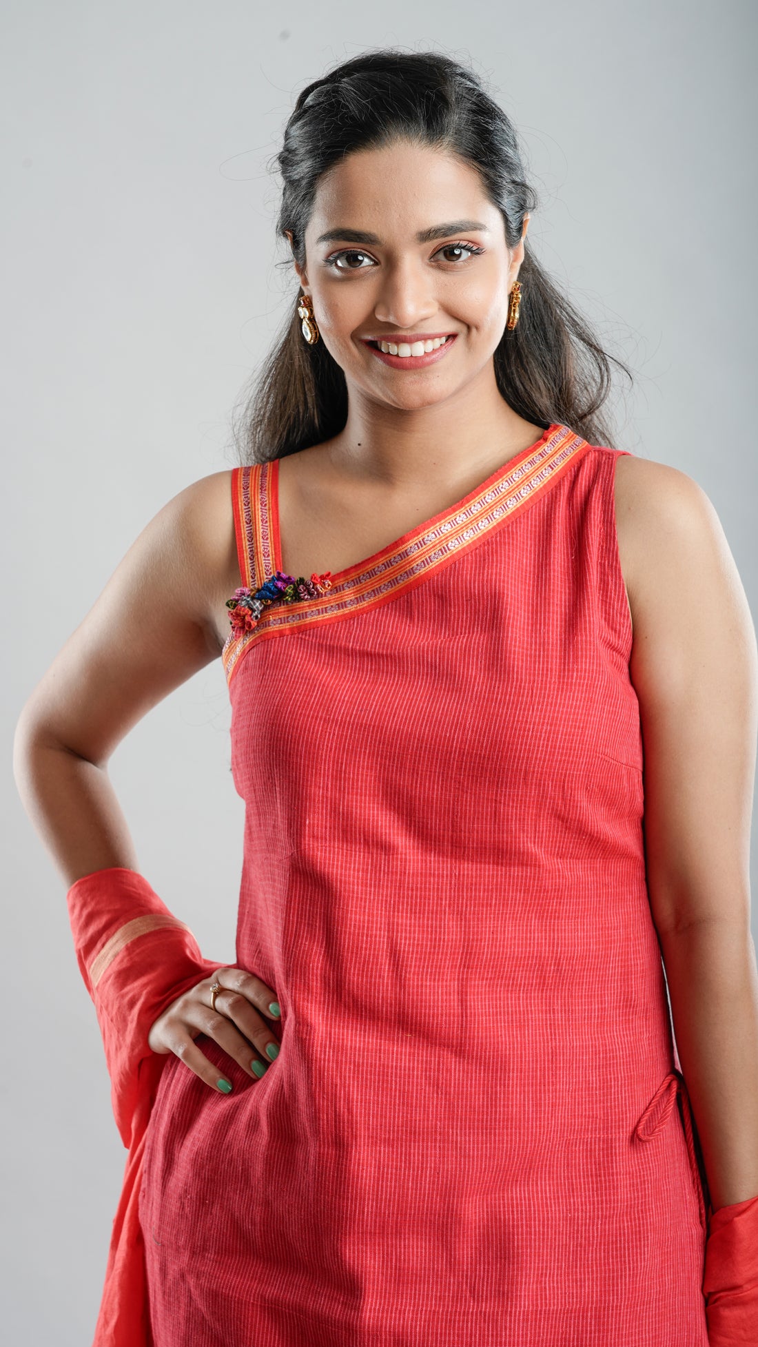 Red One-Shoulder Handloom Kurta Set