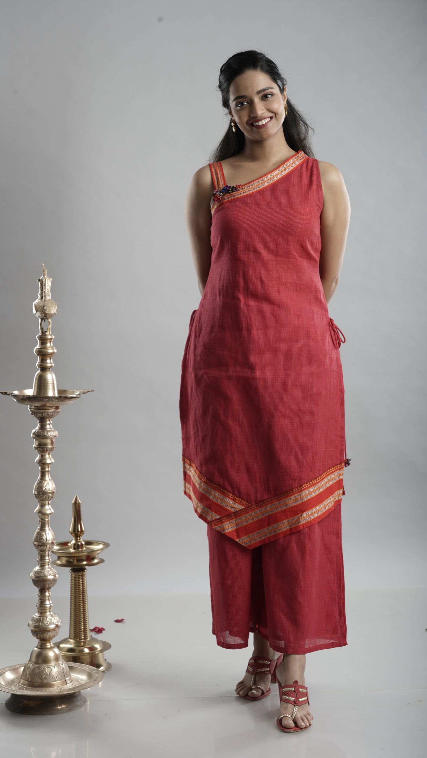 Red One-Shoulder Handloom Kurta Set